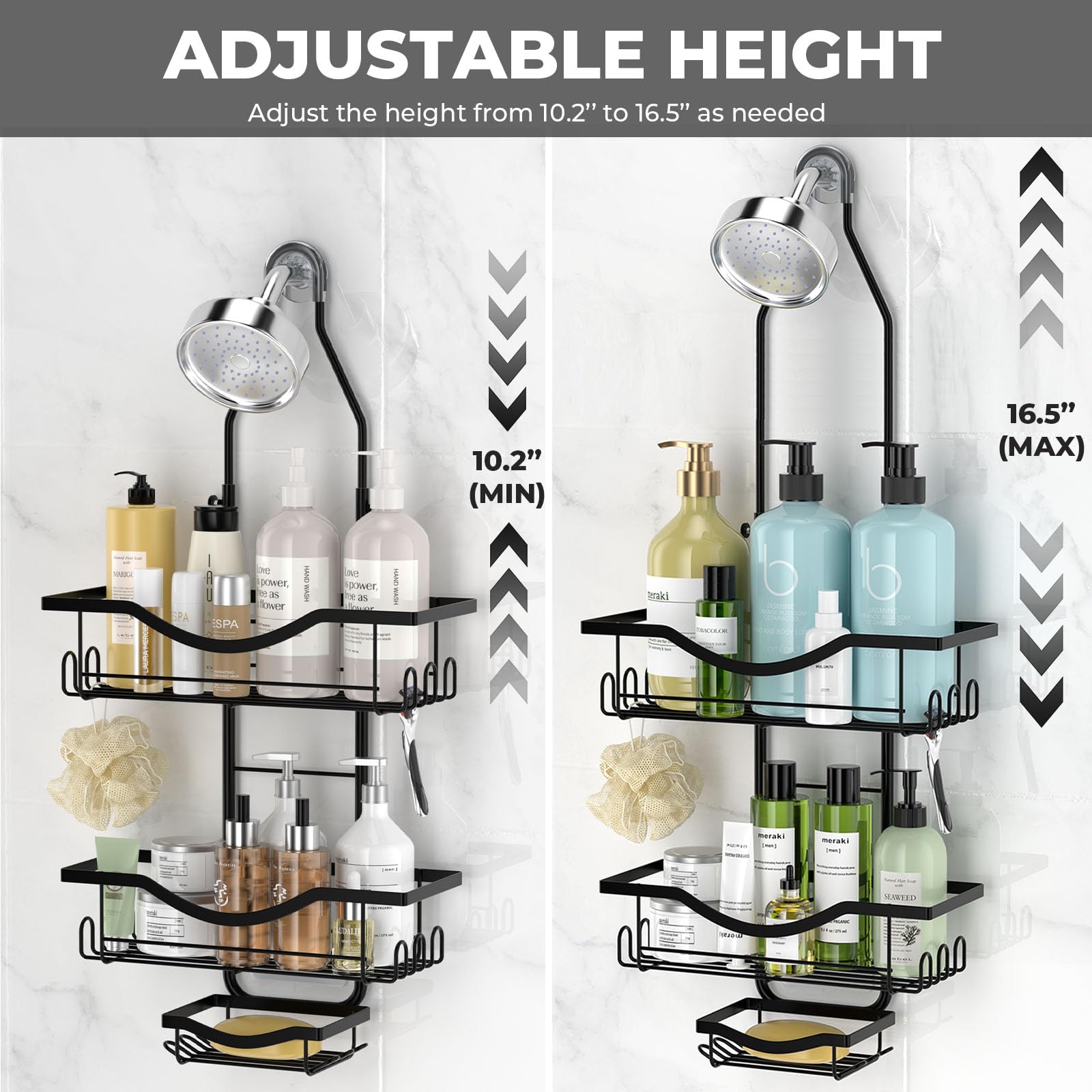Shower Caddy Hanging Adjustable Shower Caddy, Rustproof Extended Length Shower Caddy Over Shower Head With Hooks Soap Holder, La