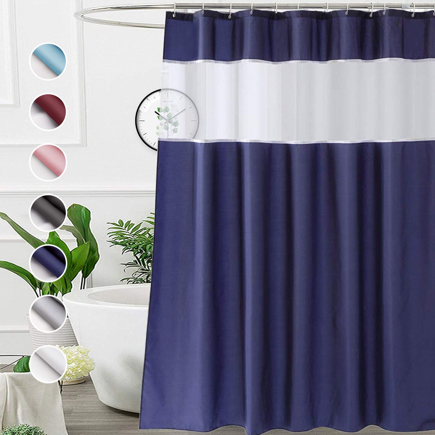 Ufriday Extra Long Shower Curtain 72 X 84 Inch,Fabric Navy Blue Shower Curtains For Bathroom With Window