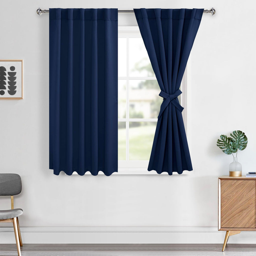 Hiasan Short Navy Blue Curtains 54 inch Long, Light Blocking Thermal Insulated Rod Pocket & Back Tab Blackout Drapes Sewn with T