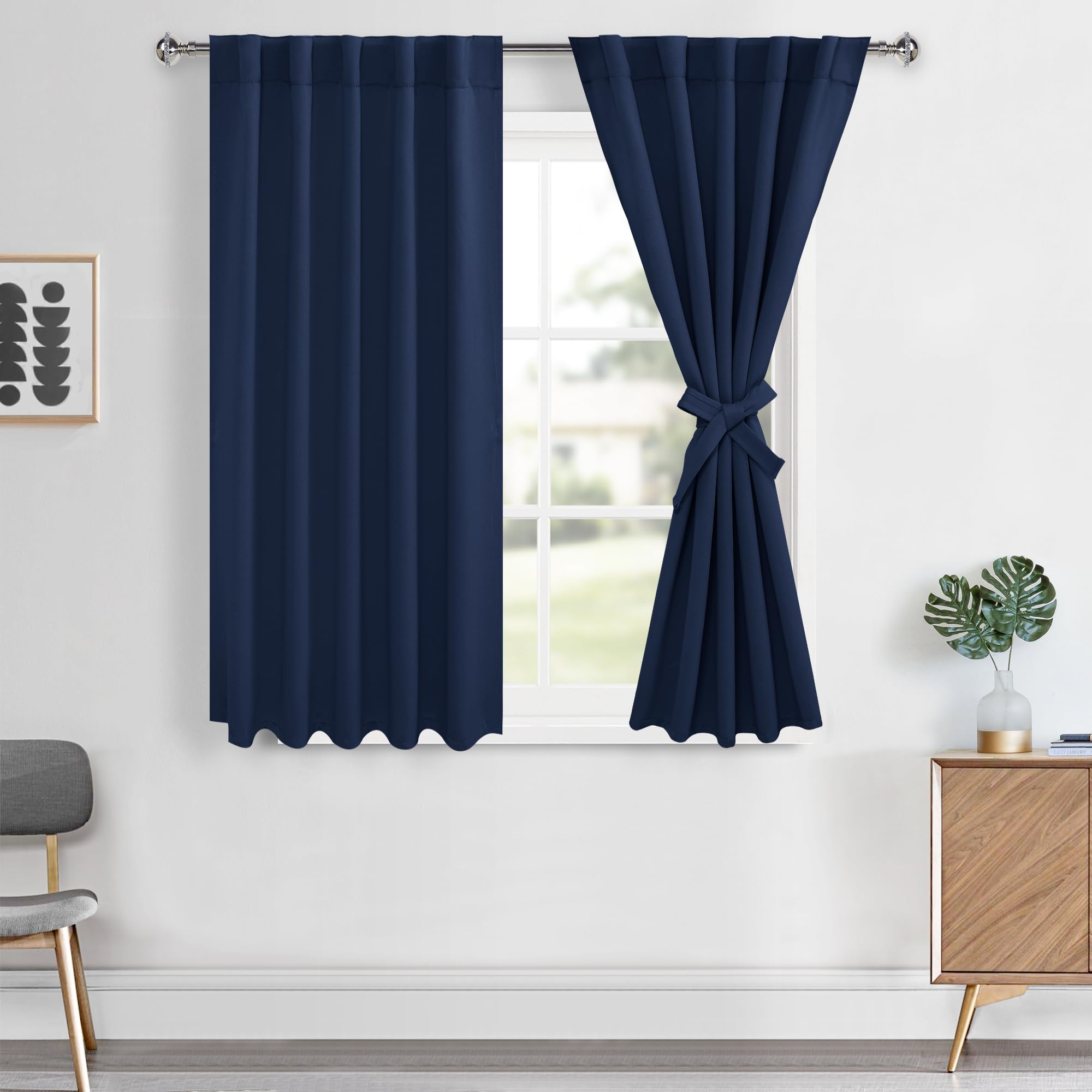 Hiasan Short Navy Blue Curtains 54 inch Long, Light Blocking Thermal Insulated Rod Pocket & Back Tab Blackout Drapes Sewn with T