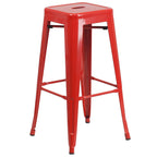 30 Inch Ht Backless Indoor/Outdoor Barstool, Red Metal, Square Seat