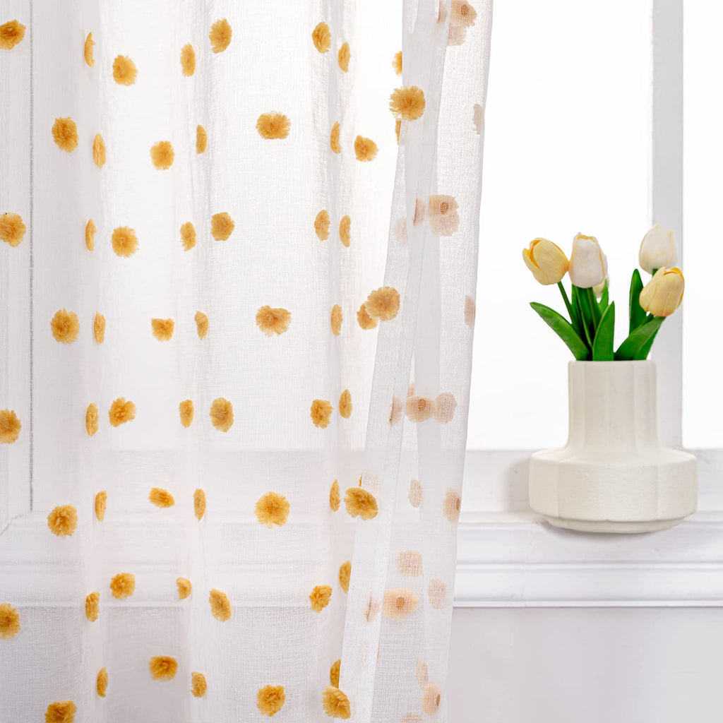 MYSKY HOME Short Curtains for Bedroom 54 Inches Long Burnt Orange Pom Pom White Sheer Curtains Kitchen Bathroom Nursery Boys Kid