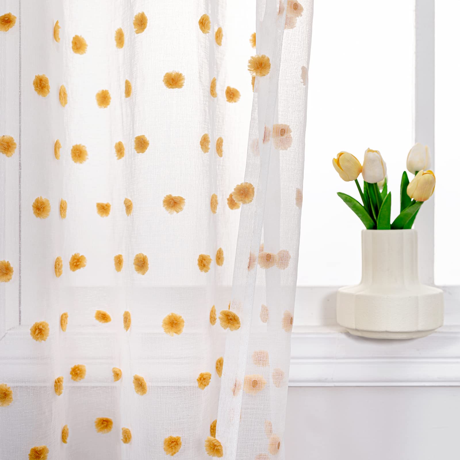 MYSKY HOME Short Curtains for Bedroom 54 Inches Long Burnt Orange Pom Pom White Sheer Curtains Kitchen Bathroom Nursery Boys Kid