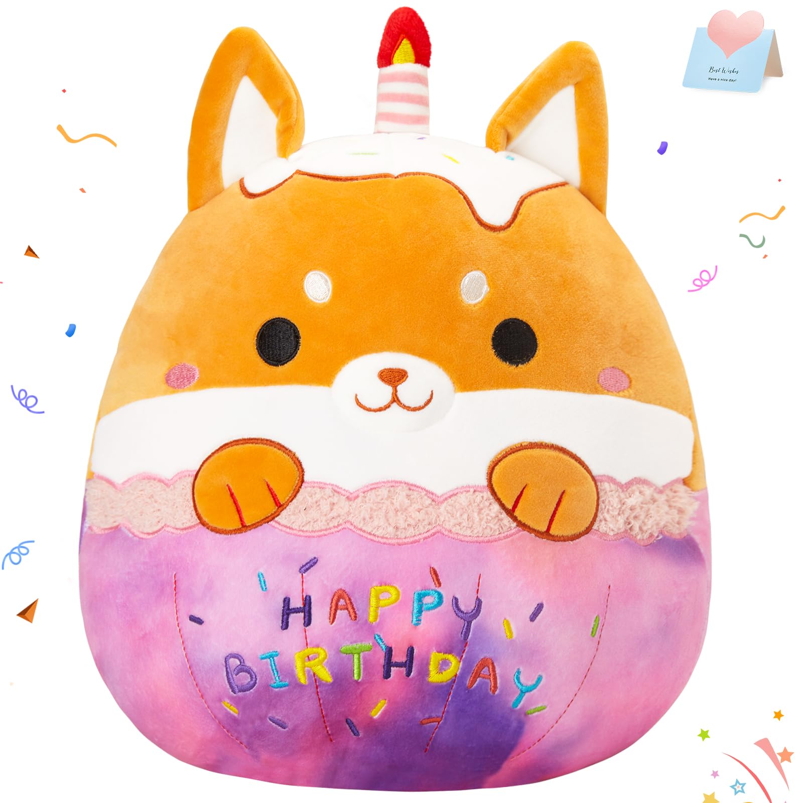 Athoinsu 14' Happy Birthday Dog Stuffed Animals Cute Shiba Inu Soft Puppy Plush Pillow Birthday Decor Toys With Candles Kawaii