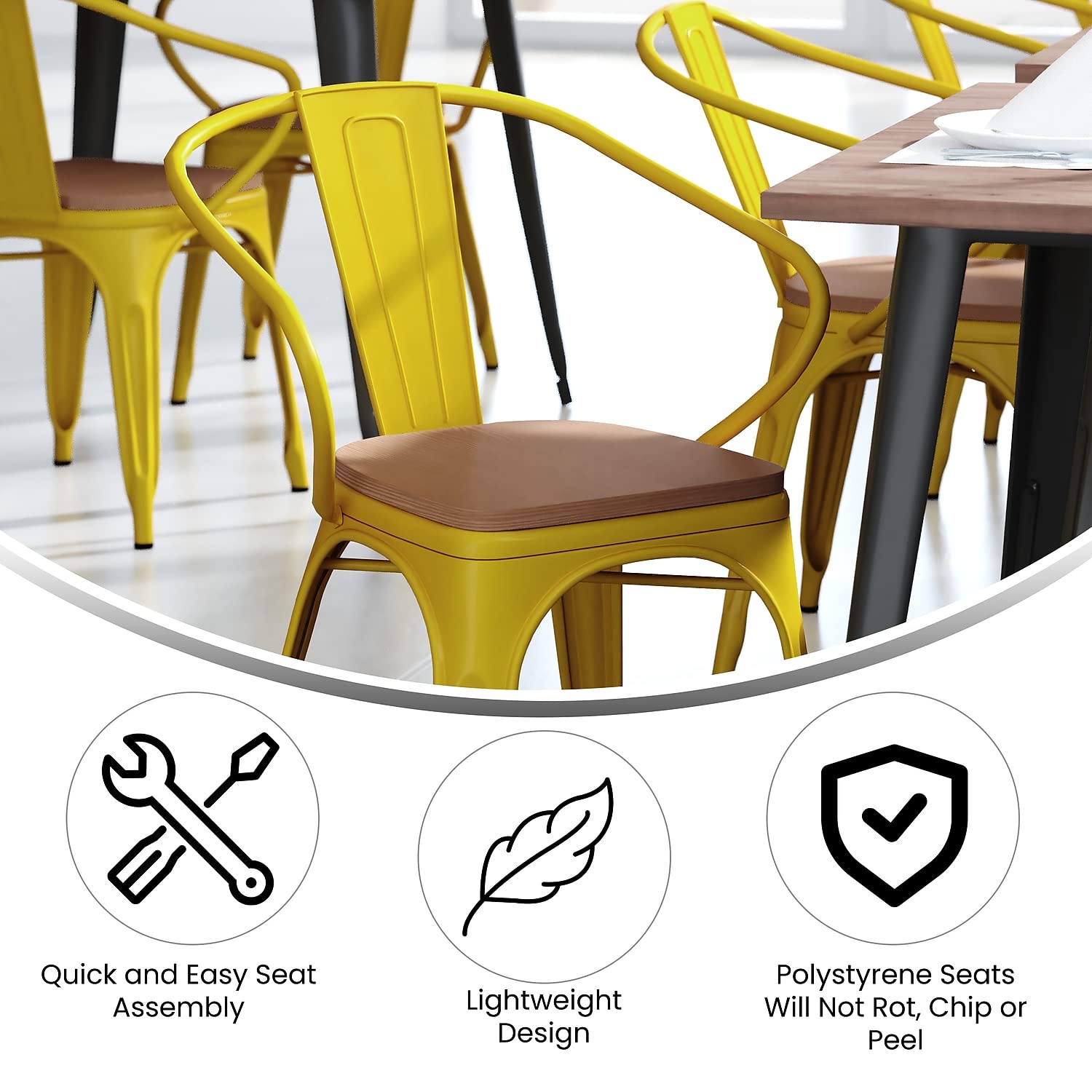 Flash Furniture Luna Commercial Grade Indoor-Outdoor Stack Chair With Arms - Yellow Metal Frame - Teak All-Weather Polystyrene Seat - Vertical Slat Back