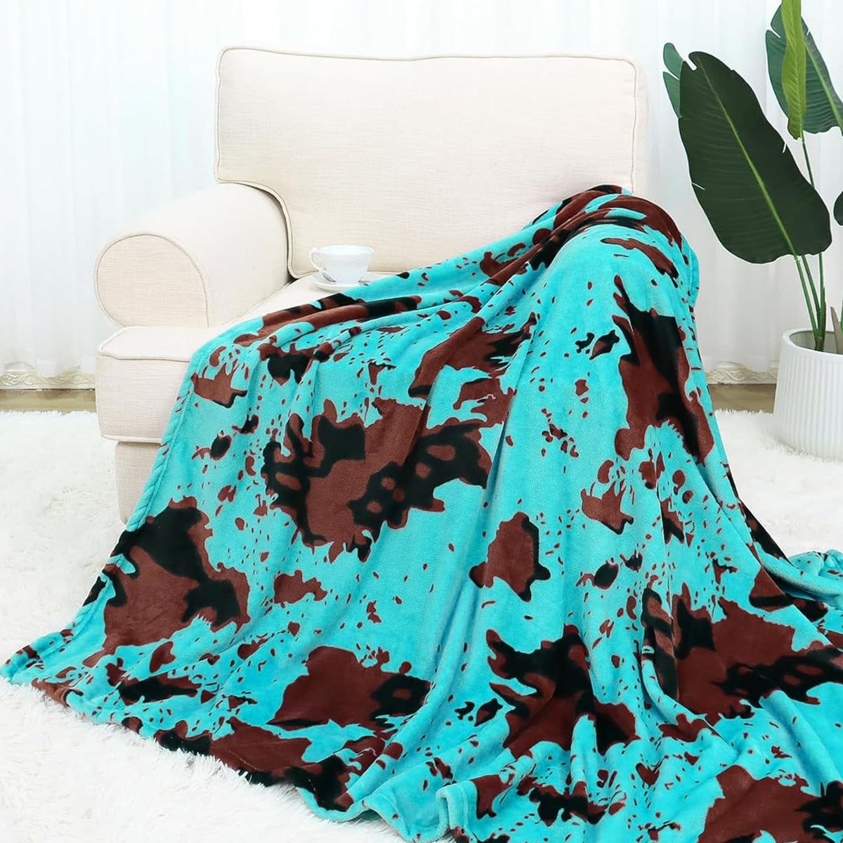 Cow Print Fleece Turquoise Blue Blanket Kids Cyan Teal Fuzzy Throw Blankets Light Sea Green Blanket Stuff Decor Gifts For Teen G