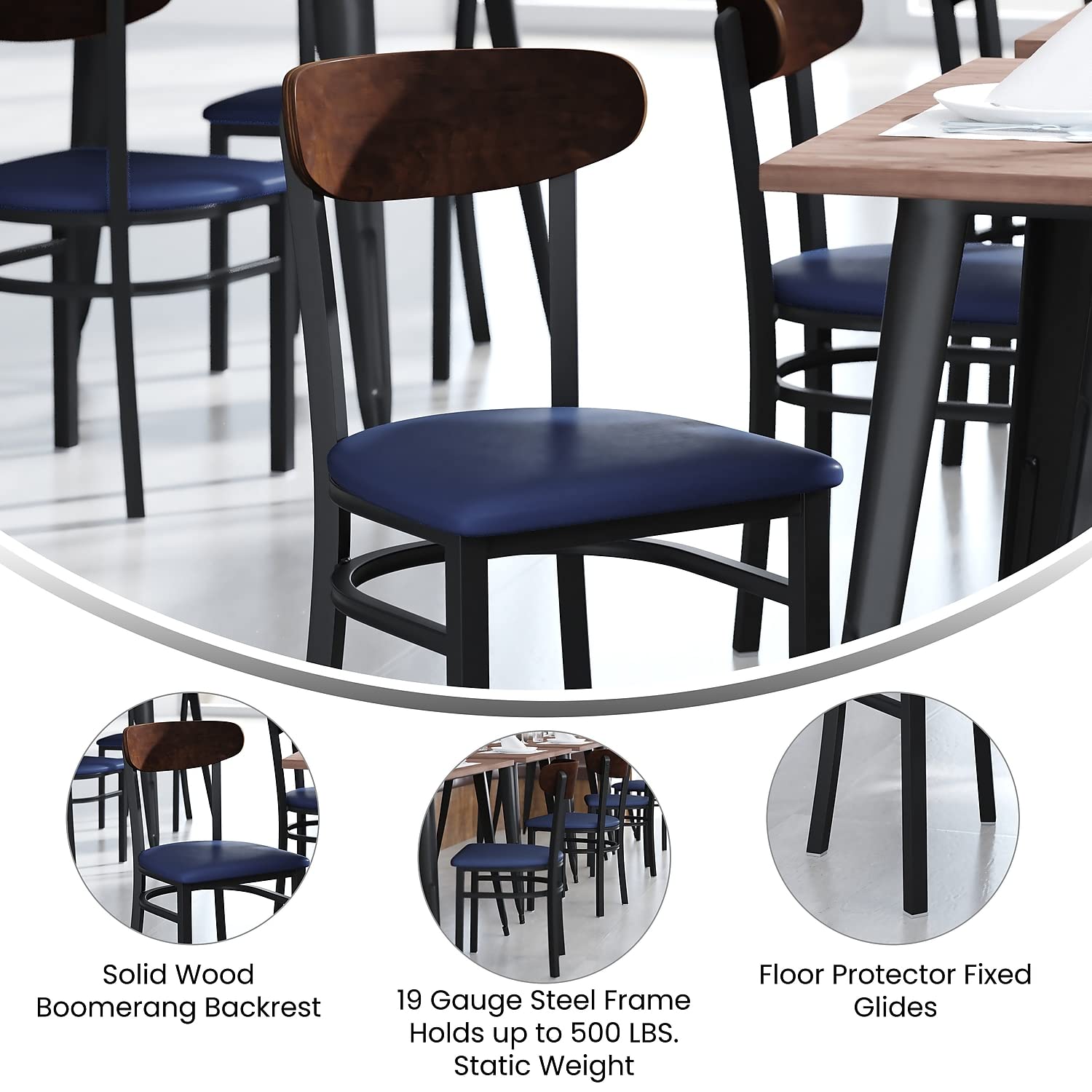 Flash Furniture Wright Commercial Dining Chair 519 LB. Capacity Black Steel Frame-Integrated Footrest, 1 Pack, Walnut Wood Back/Blue Vinyl Seat