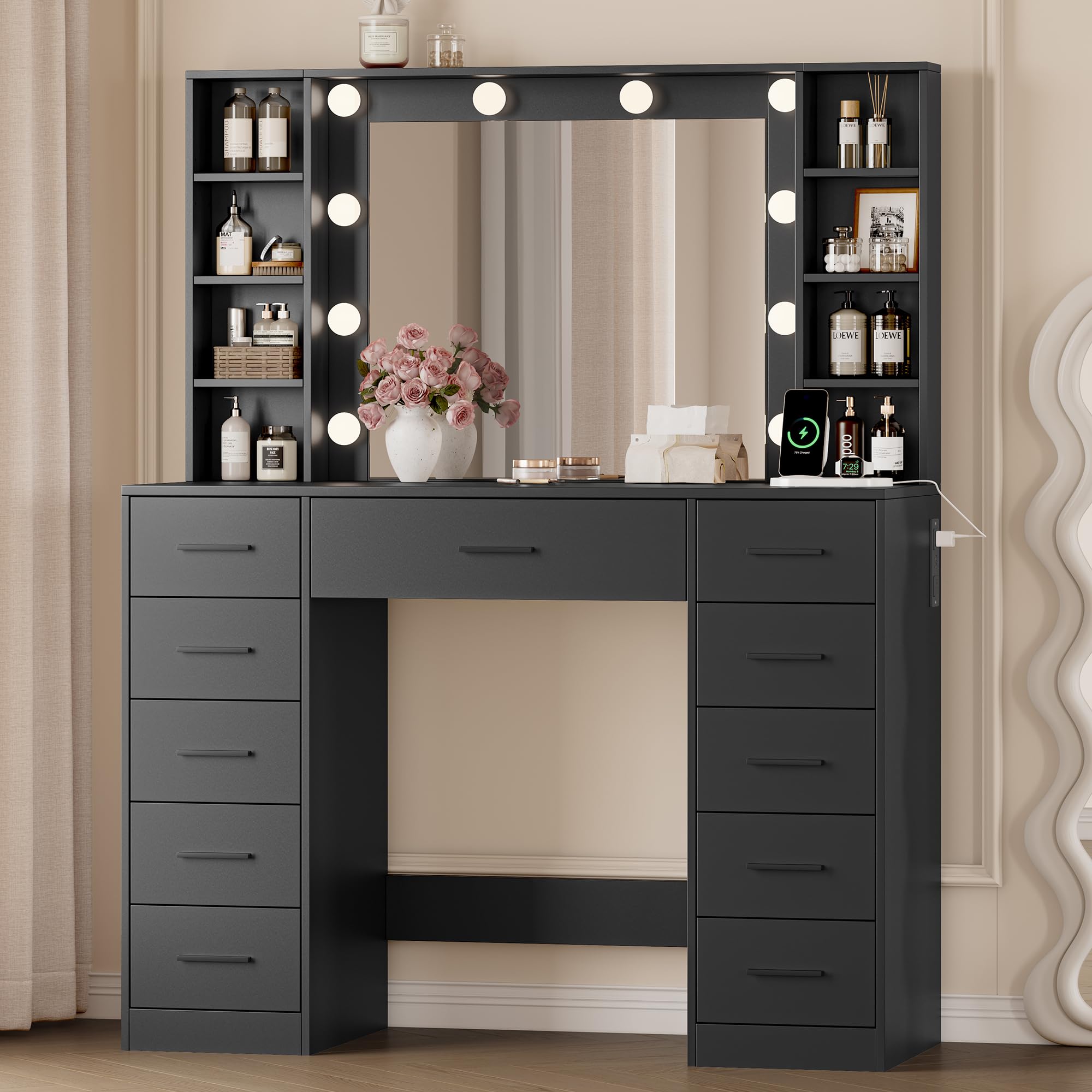 Wodeer Makeup Vanity with Drawers, 43 Black Vanity Desk with Mirror and Lights, 11 Drawers & 4 Shelves, Power Outlet & Adjustabl