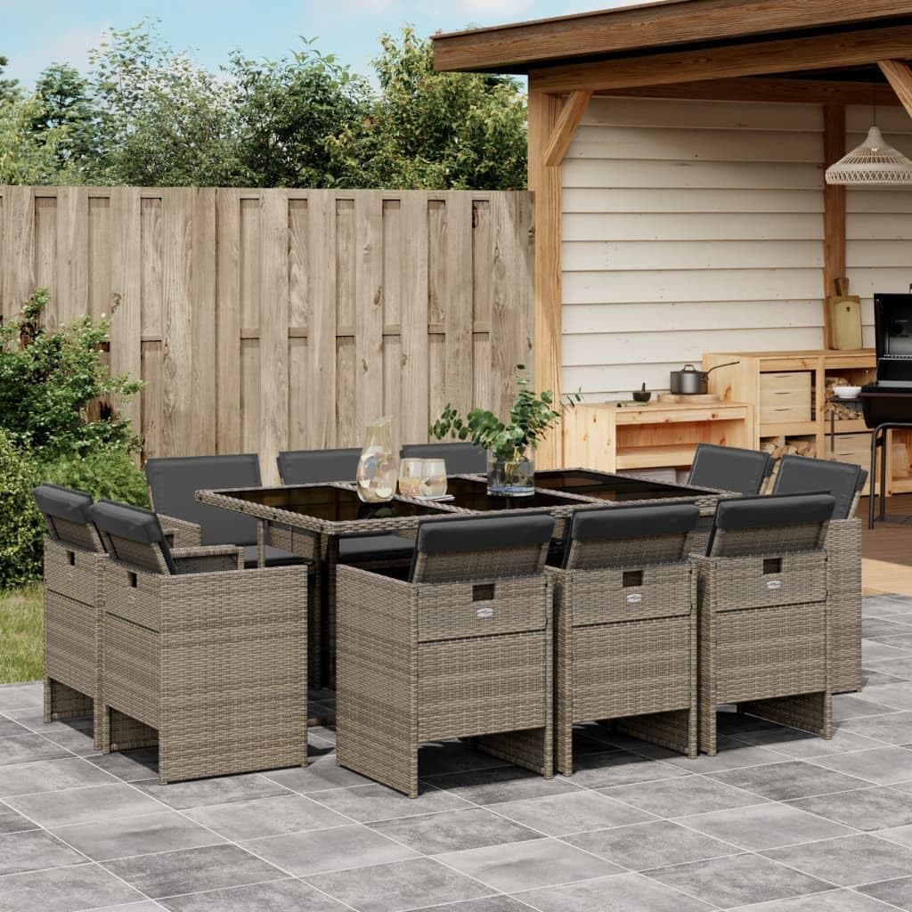 vidaXL Patio Dining Set with Cushions - 11 Piece Gray Poly Rattan Furniture Set for Garden, Backyard, Patio with Foldable Chairs and Glass Tabletop