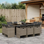 vidaXL Patio Dining Set with Cushions - 11 Piece Gray Poly Rattan Furniture Set for Garden, Backyard, Patio with Foldable Chairs and Glass Tabletop