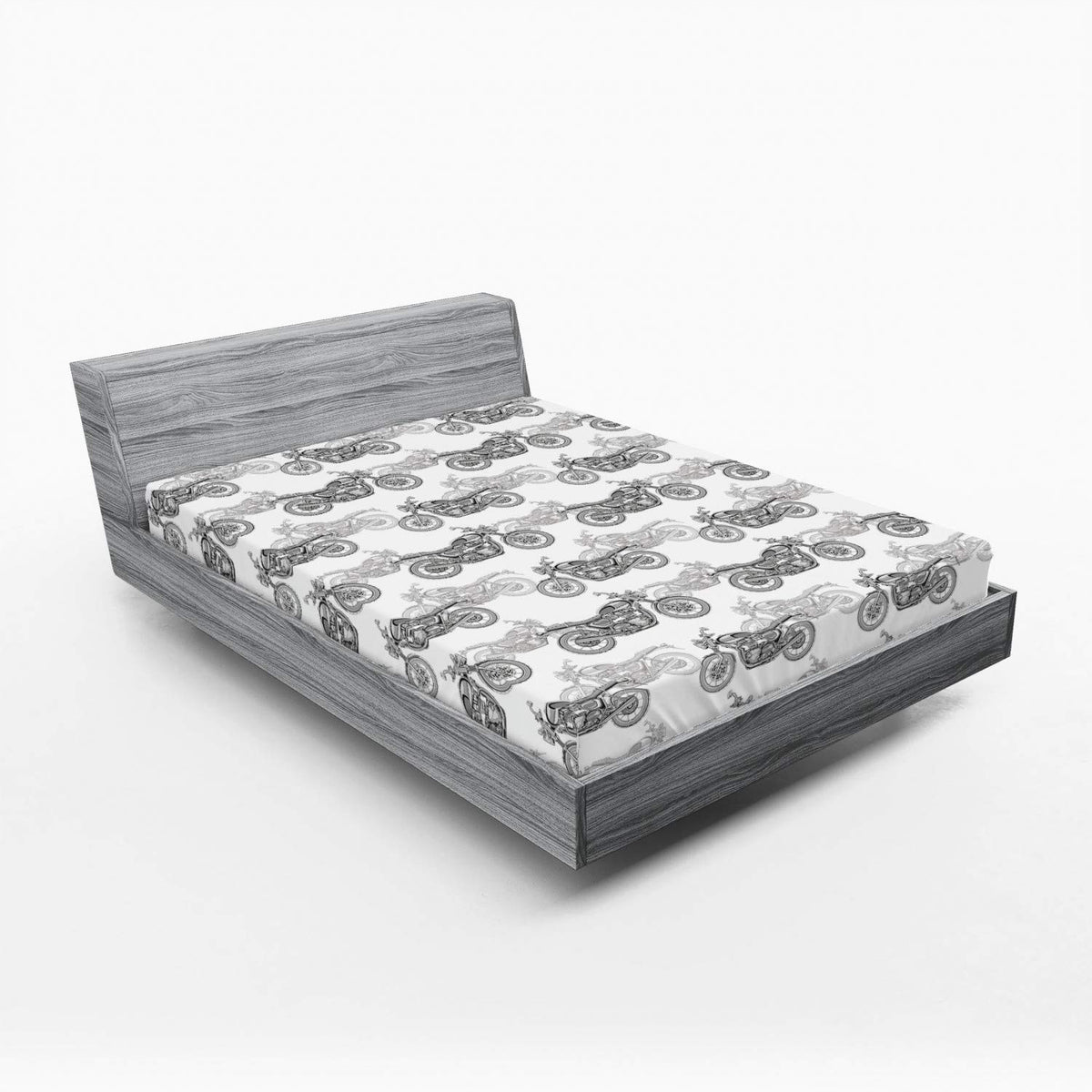 Ambesonne Motorcycle Fitted Sheet, Realistic Grayscale Illustration of Classic Motorcycles Many Details, Bed Cover with All-Roun