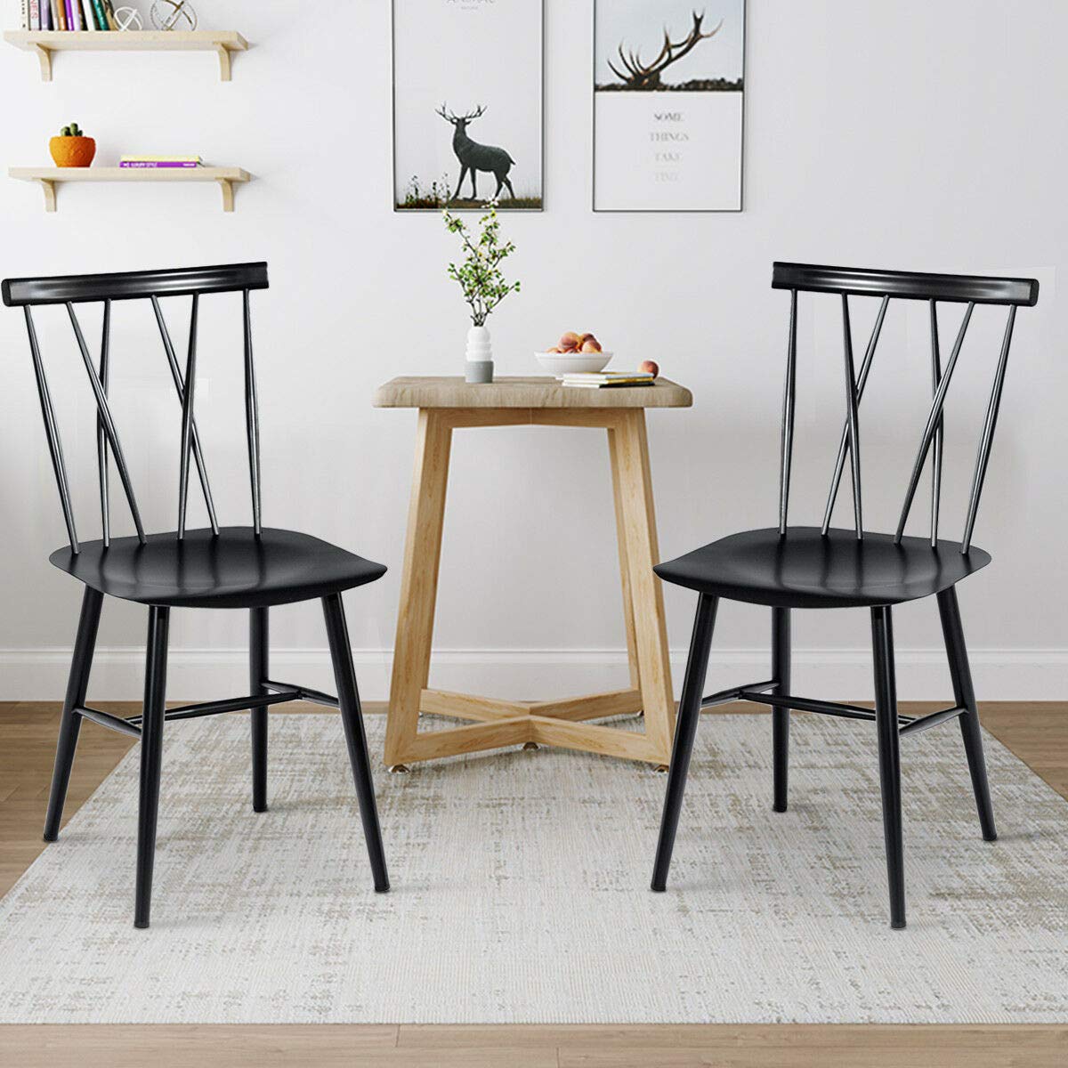 COSTWAY Dining Chair Set of 2, Farmhouse Windsor Chairs Dining Room Chairs with Spindle Back and Sturdy Metal Construction, Kitchen Side Chairs for Living Room Restaurant, Black (Height 17'') - Thumbnail 2