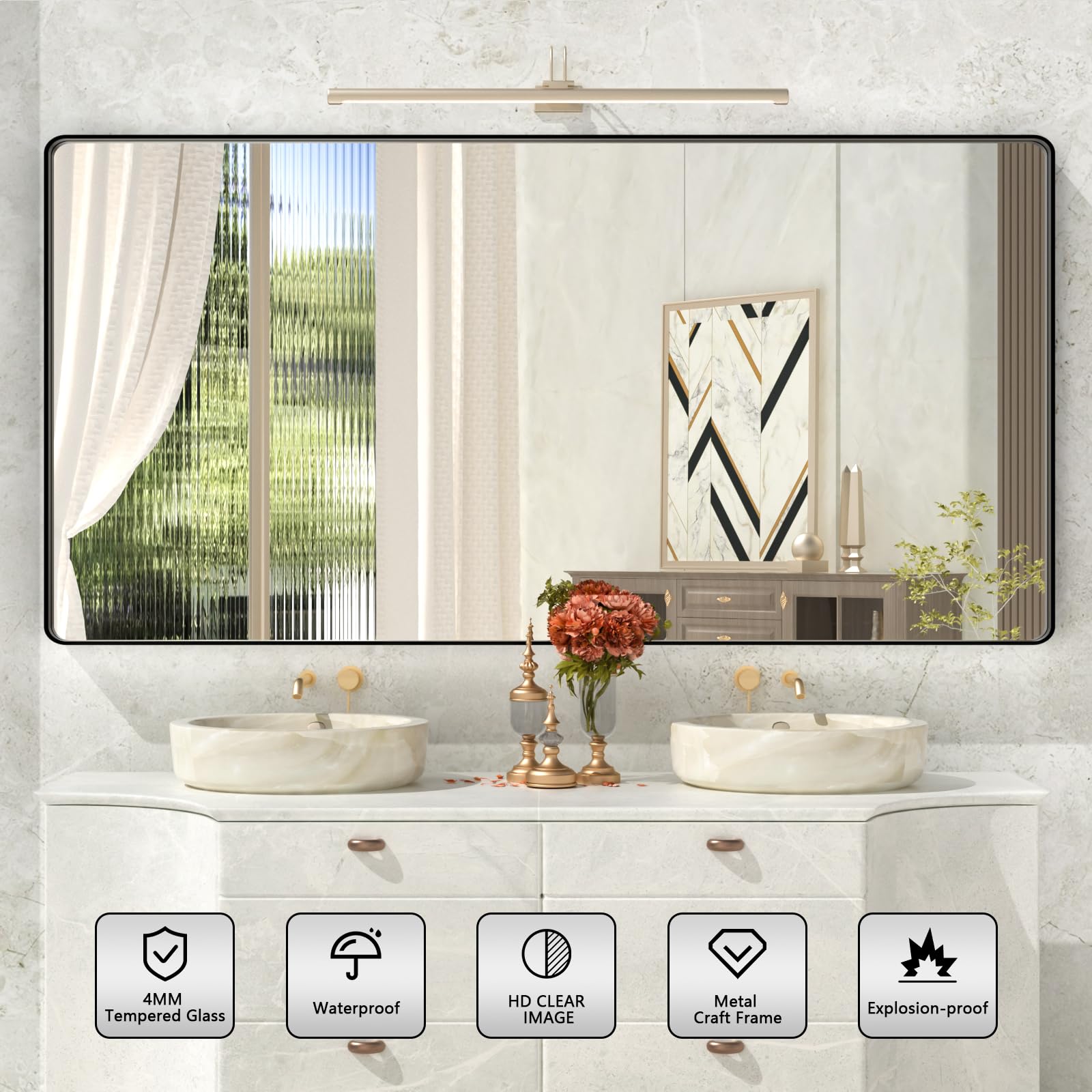 Istripmf 72X36 Inch Black Mirror For Bathroom,Black Metal Frame Vanity Mirror For Wall,Large Rounded Corner Rectangle Matte Blac