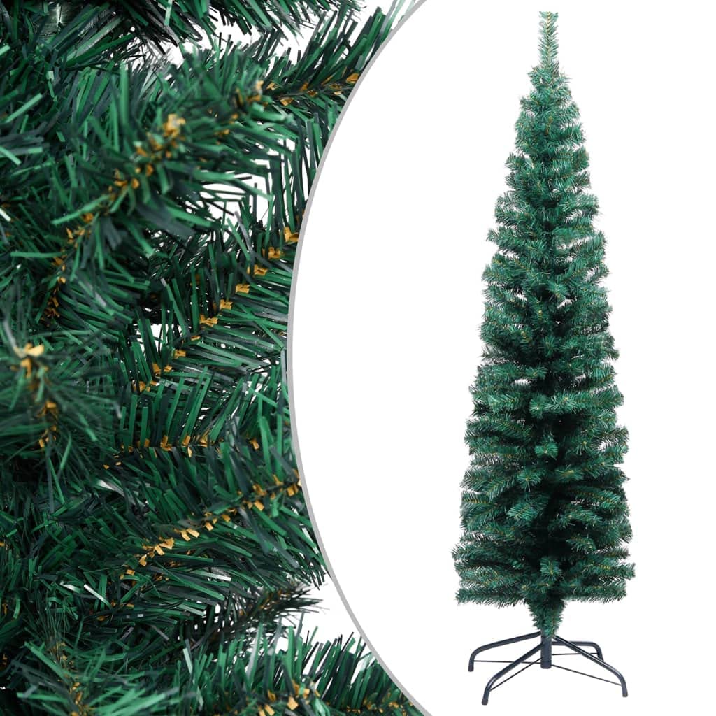 Vidaxl Slim Artificial Christmas Tree With Steel Stand, 4Ft Lifelike Green Pvc, Full-Bodied Indoor/Outdoor Holiday Decor, Antique Style, Easy Assembly