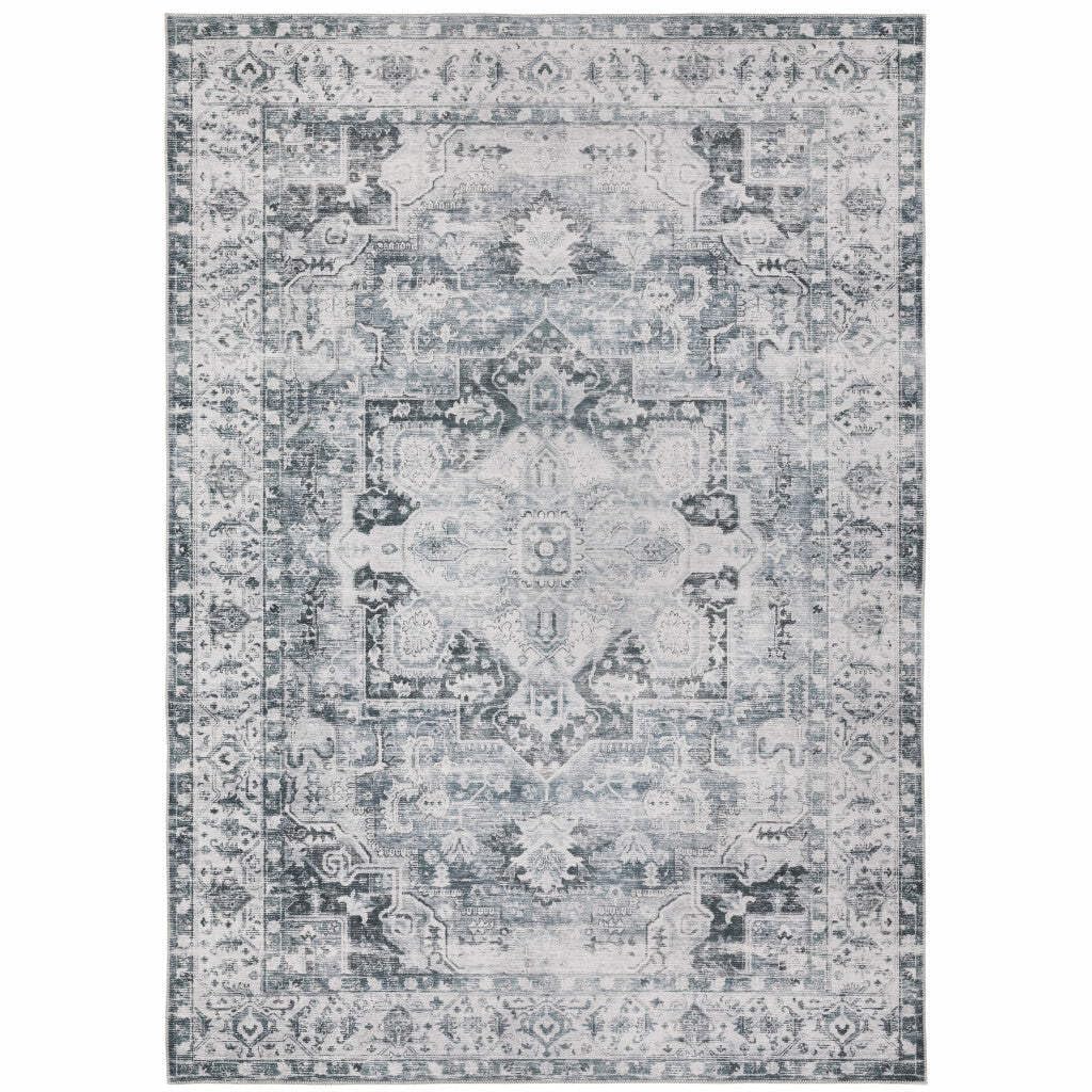 HomeRoots 510375 7 x 10 ft. Navy Blue Ivory & Gray Oriental Printed Stain Resistant Non Skid Rectangle Area Rug