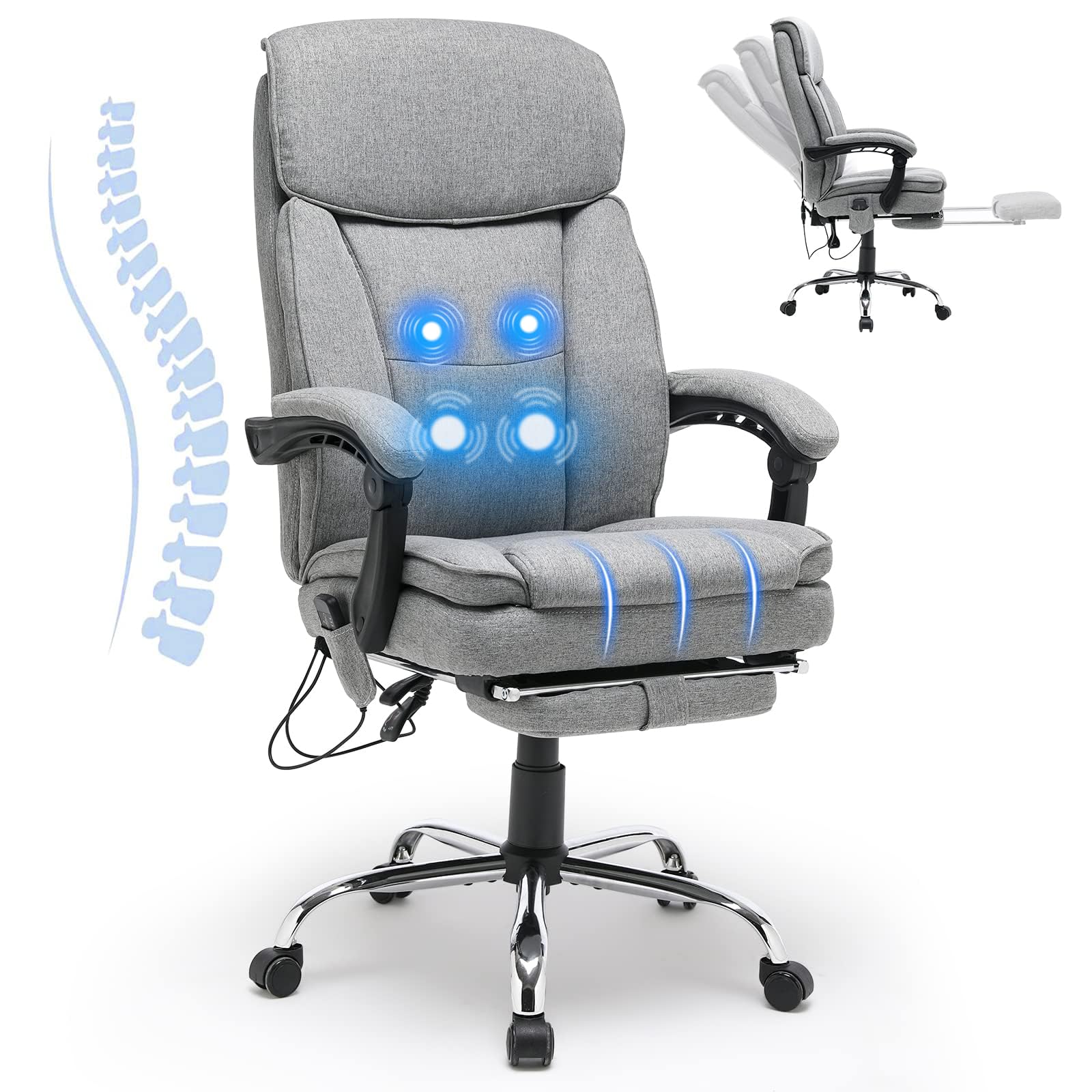 Homrest Reclining Office Chair With 4-Point Massage, Breathable Fabric Executive Chair With Retractable Footrest, Ergonomic Comp