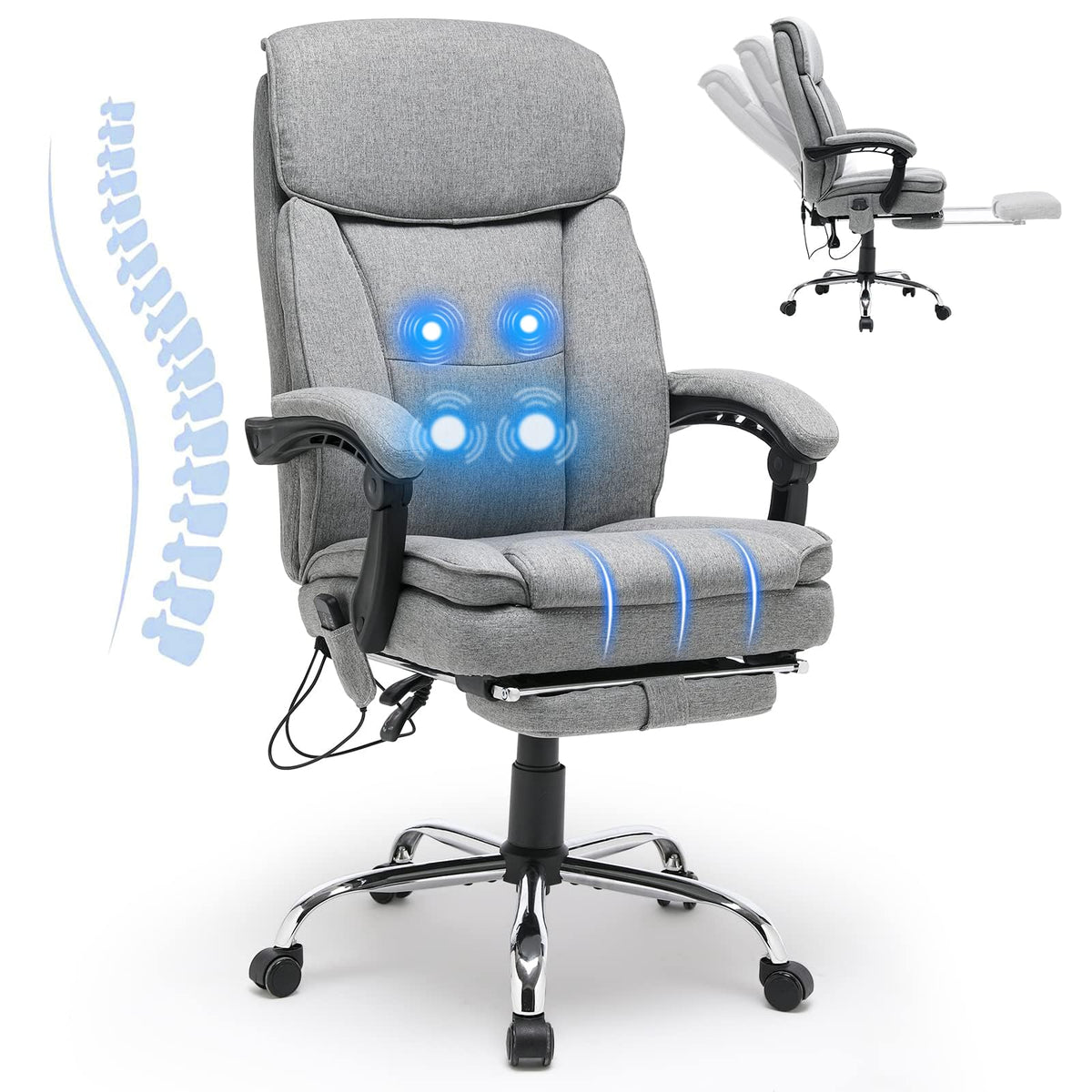 Homrest Reclining Office Chair With 4-Point Massage, Breathable Fabric Executive Chair With Retractable Footrest, Ergonomic Comp