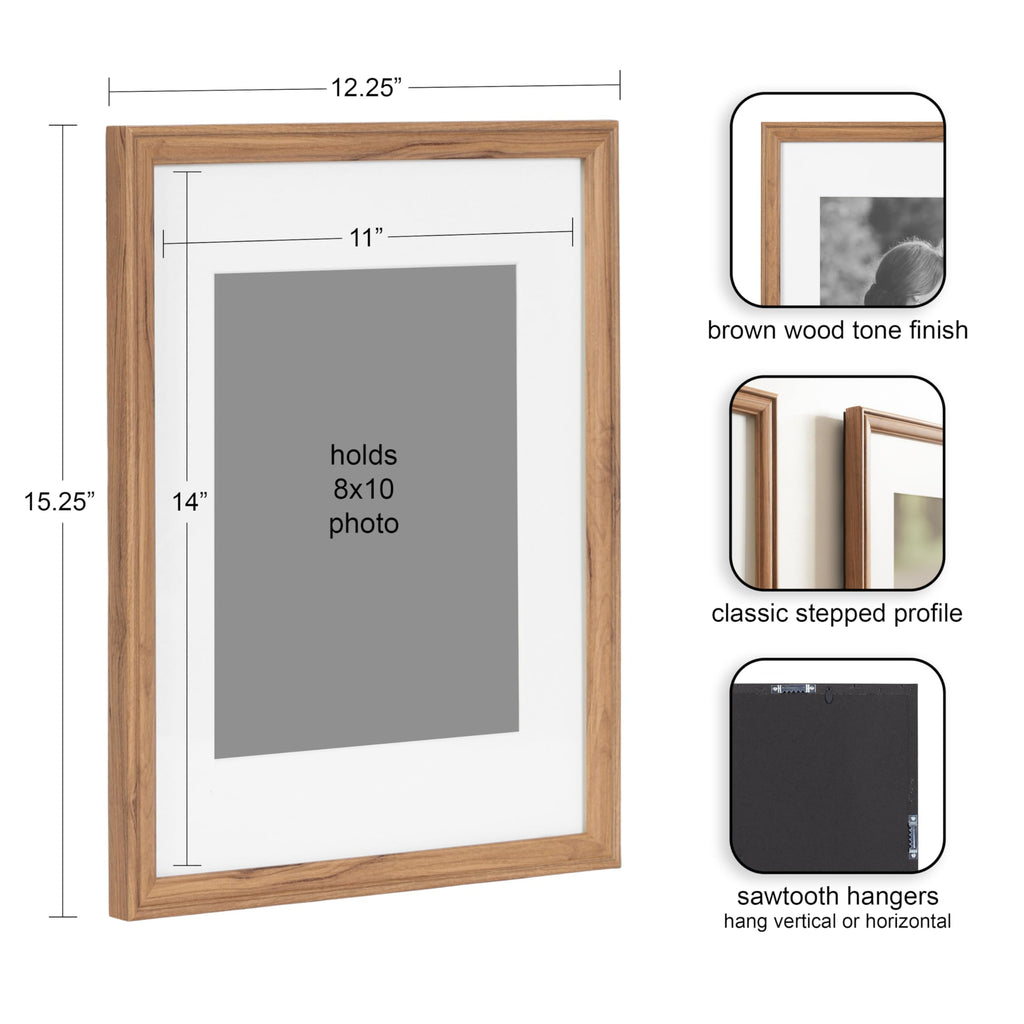 Kate And Laurel Adlynn Rectangle Picture Frame Set Of 4, 11 X 14 Matted To 8 X 10, Brown, Transitional Four-Piece Frame Set For