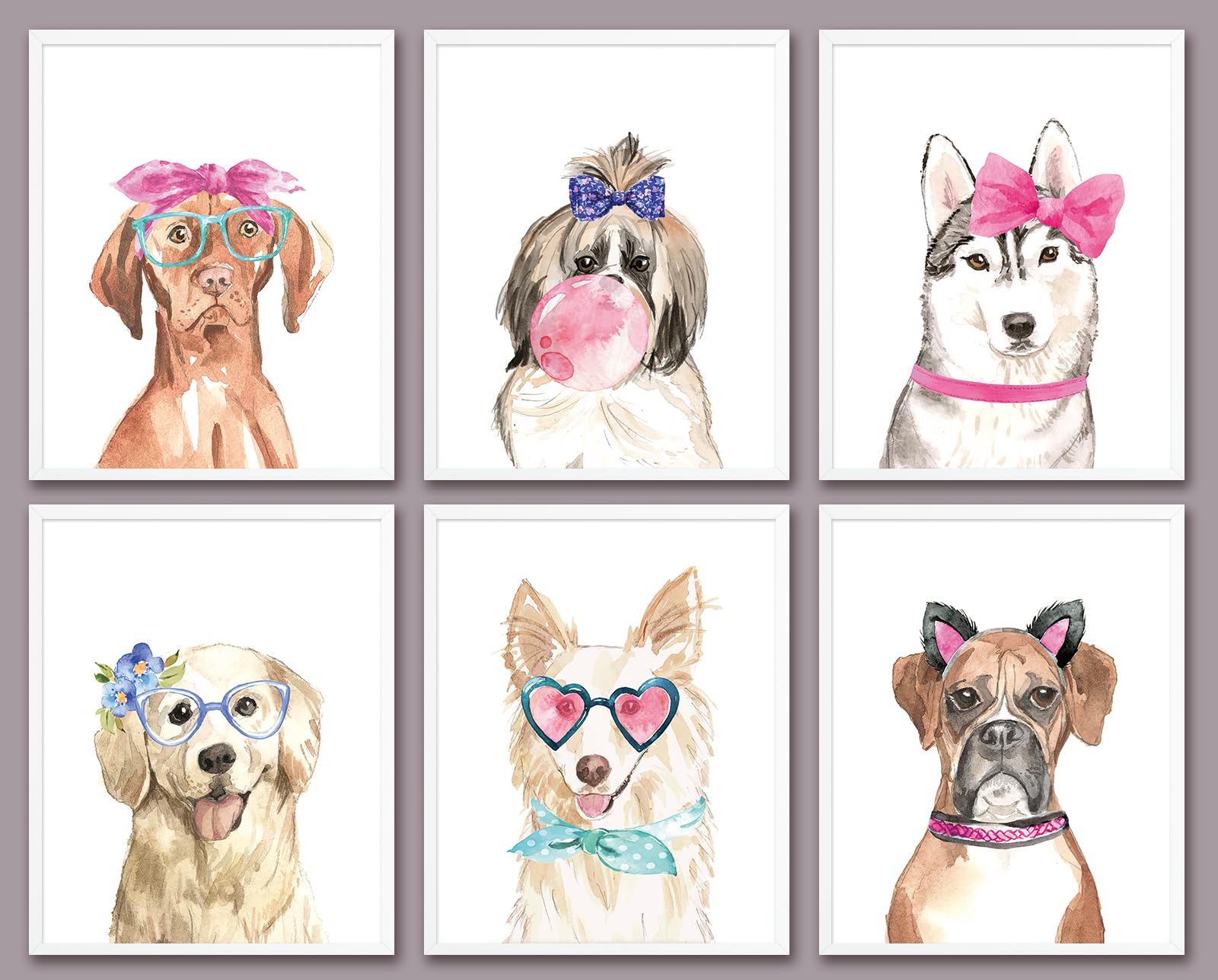 6 PCS Cute Dogs Wall Art Watercolor Girls Room Decor Wall Decor Funny Dog Lover Gifts Unframed Dog Mom Puppy Girly Dog Themed Po