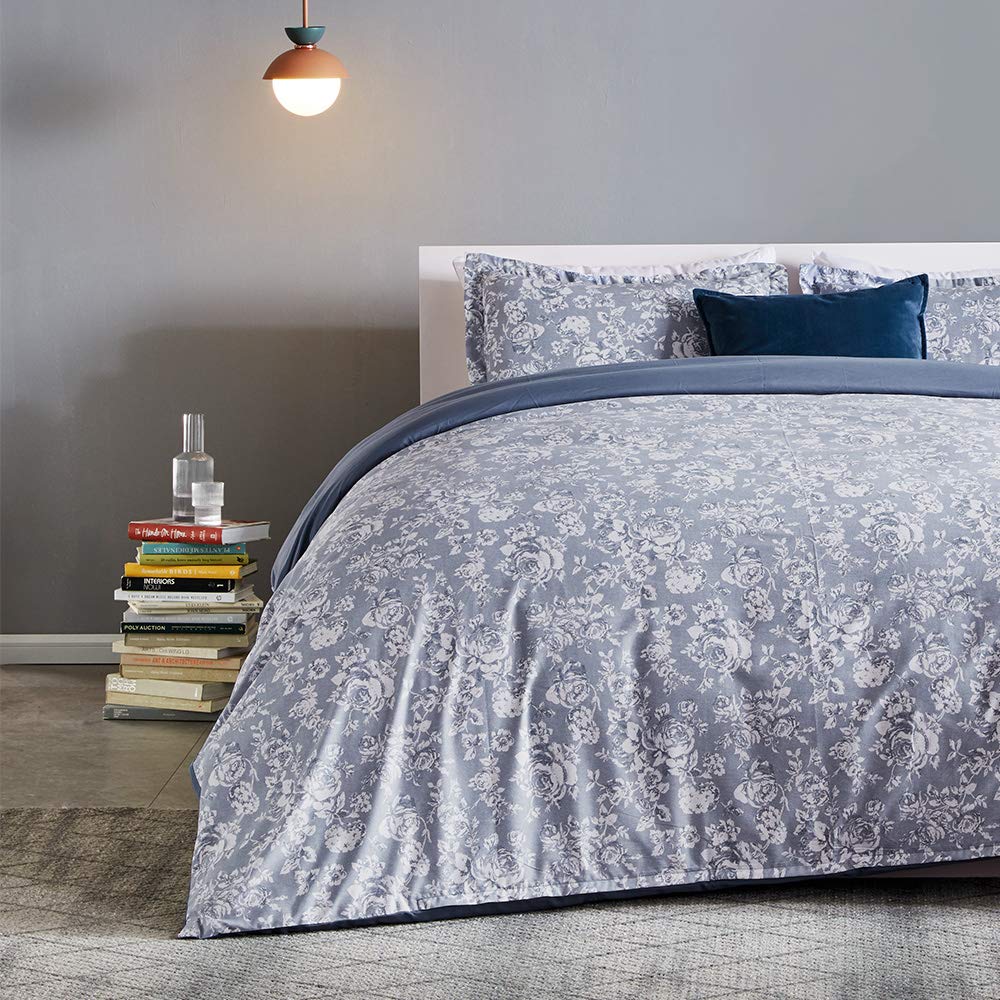 Sleep Zone Bedding Duvet Cover Sets Printed Pattern Elegant Peony 120Gsm Ultra Soft Zipper Closure Corner Ties, Blue,Full/Queen