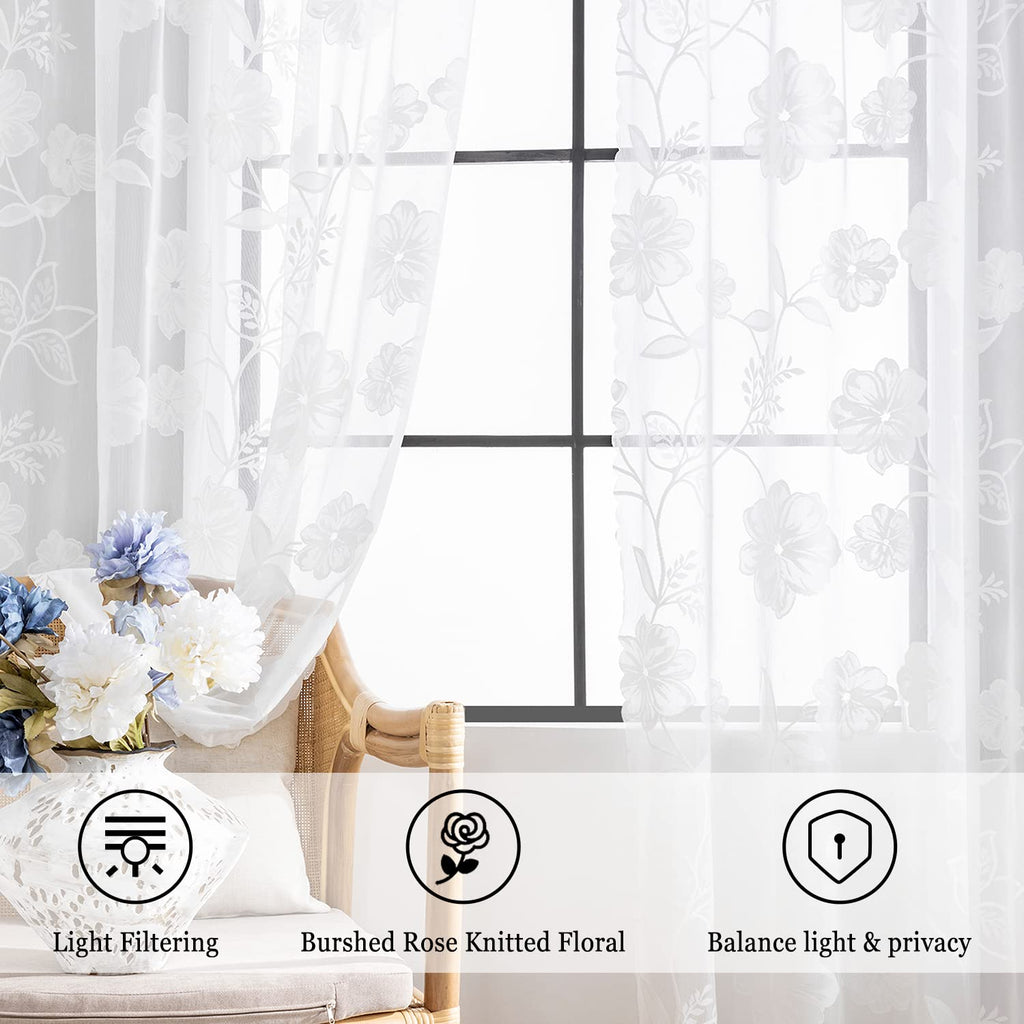 Semi-Sheer White Lace Curtains For Bedroom 95 Inch Long Country Chic Rose Floral Embroidered Sheer Curtain Panels For Living-Roo