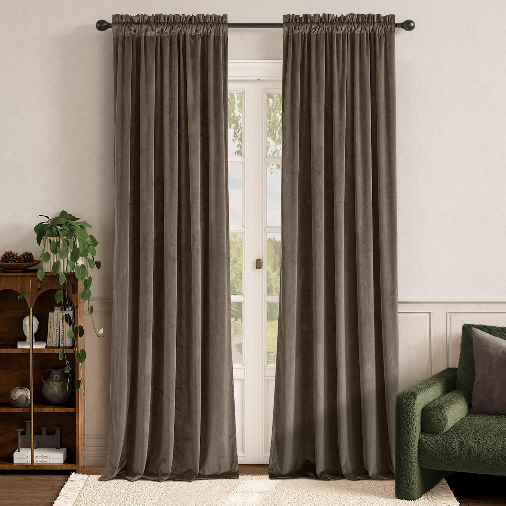 Lazzzy Brown Velvet Curtains Room Darkening Thermal Insulated Curtains 108 Inch Long Window Drapes For Bedroom Living Room Super Soft Luxury Rod Pocket Window Treatment, 2 Panels, Coffee
