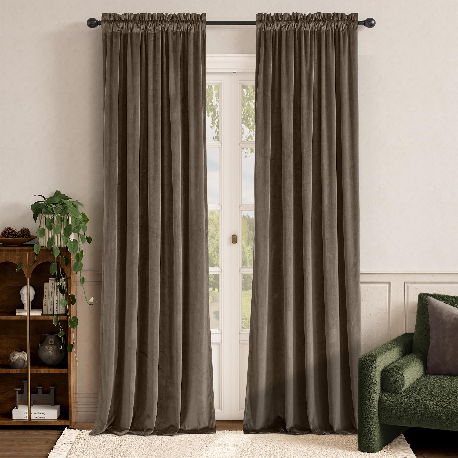 Lazzzy Brown Velvet Curtains Room Darkening Thermal Insulated Curtains 108 Inch Long Window Drapes For Bedroom Living Room Super Soft Luxury Rod Pocket Window Treatment, 2 Panels, Coffee