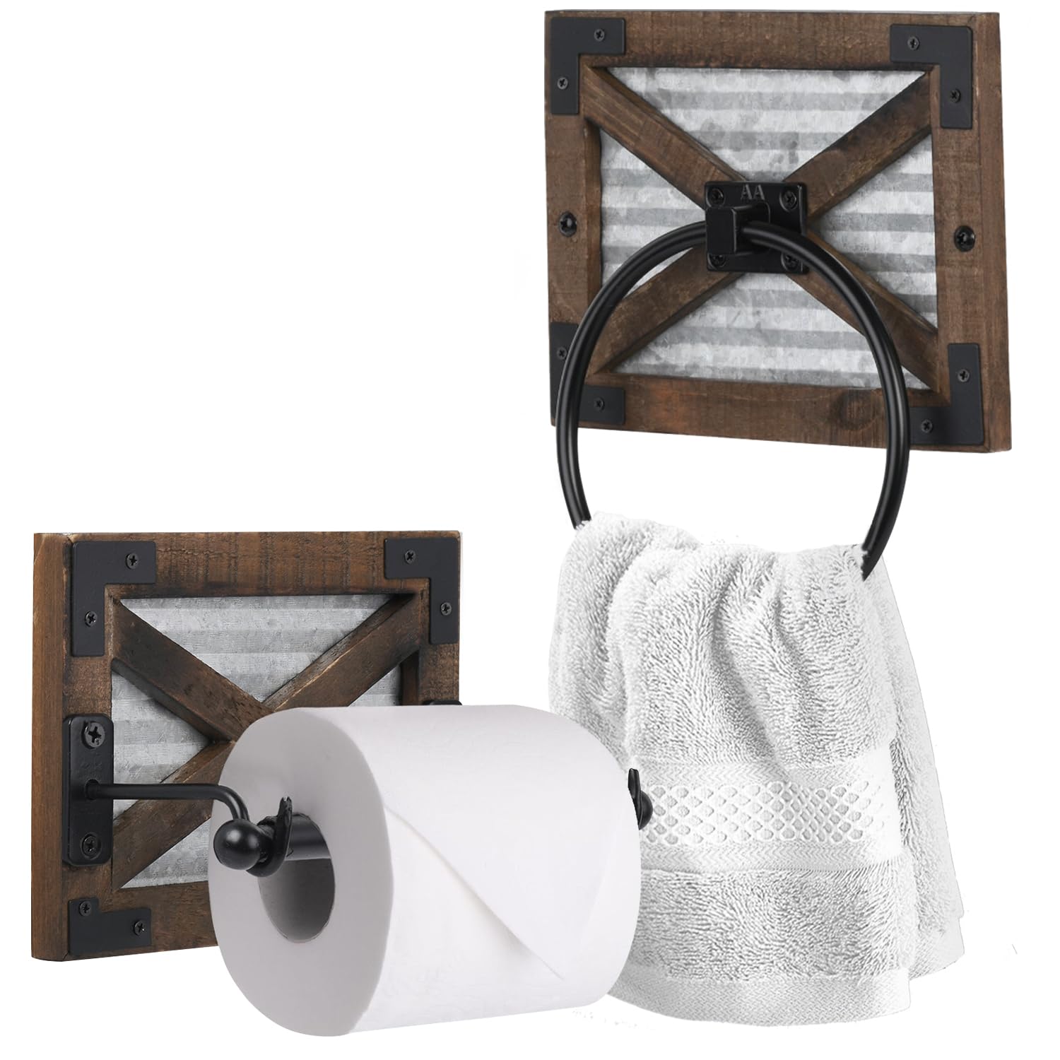 Autumn Alley Rustic Farmhouse Toilet Paper Holder and Towel Ring Rack w/Brackets, Wall Mount, 2 Set, Farmhouse Wall Toilet Paper