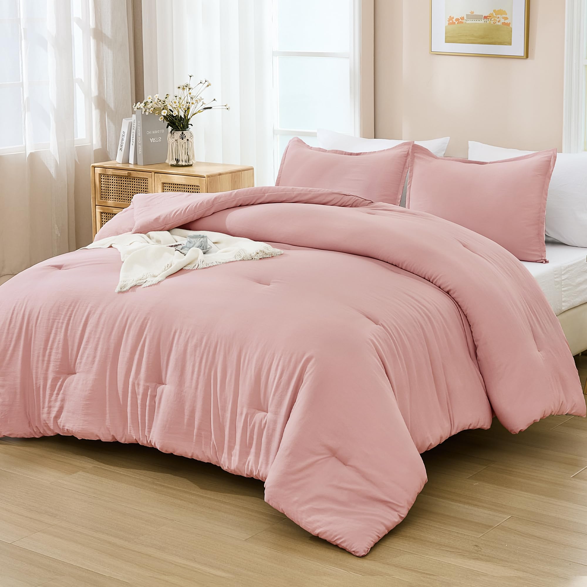 Andency Pink Comforter Set Queen Size - 7 Pieces Bed In A Bag Queen Bedding Comforter Sets, Summer Plain Soft Lightweight Comforter With Fitted Sheets, Flat Sheets, Pillowcases & Shams