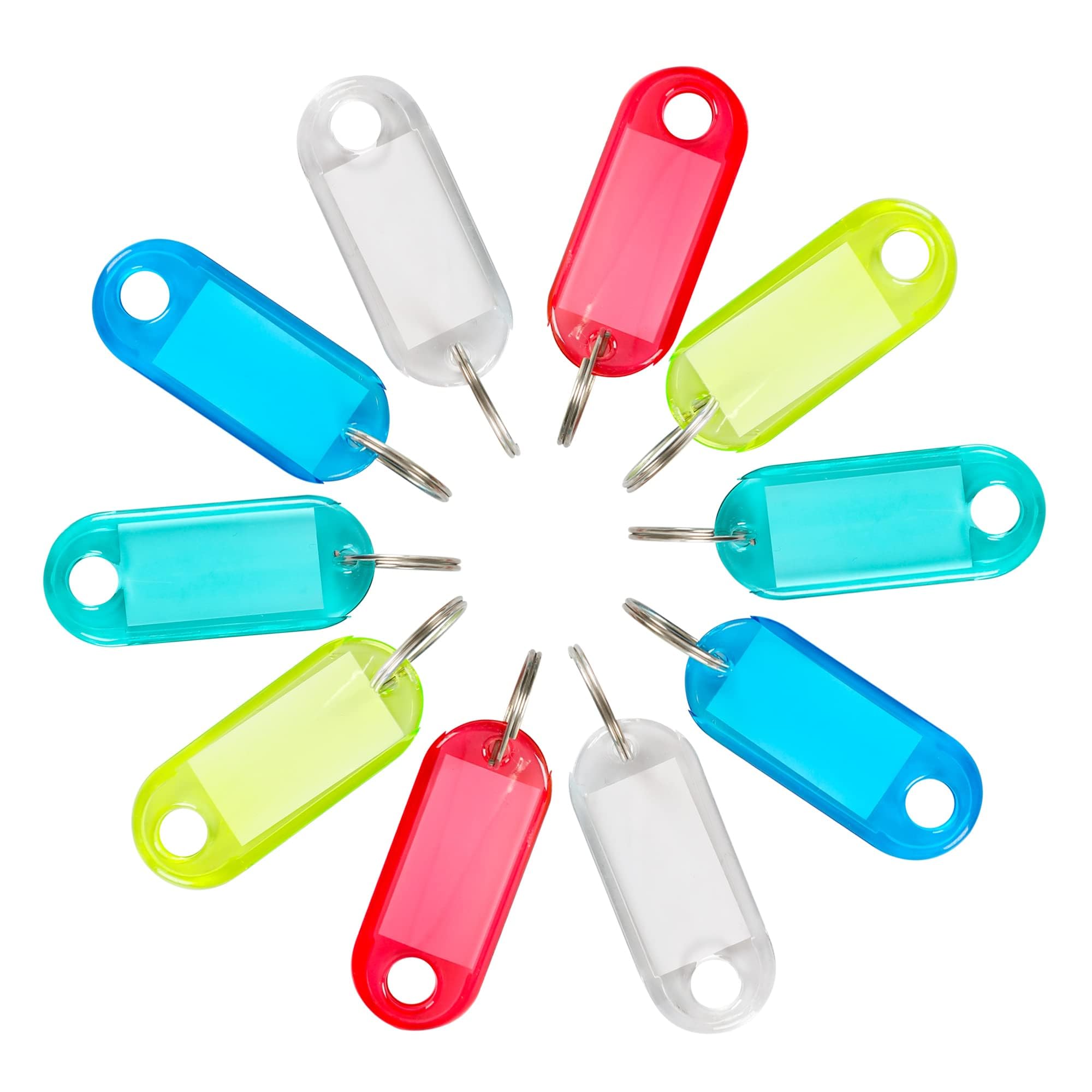H&W 50Pcs Crystal Clear Plastic Key Tags With Double Sided Display, Flexible Key Organizer With Labels Window & Ring, 5 Colors