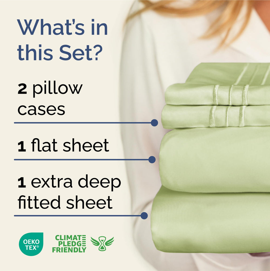 Extra Deep Pocket Queen Sheets - 4 Piece Breathable & Cooling Bed Sheets - Hotel Luxury Bed Sheet Set - Soft, Wrinkle Free & Comfy - Easily Fits Extra Deep Mattresses - Light Sage Green Sheets Set