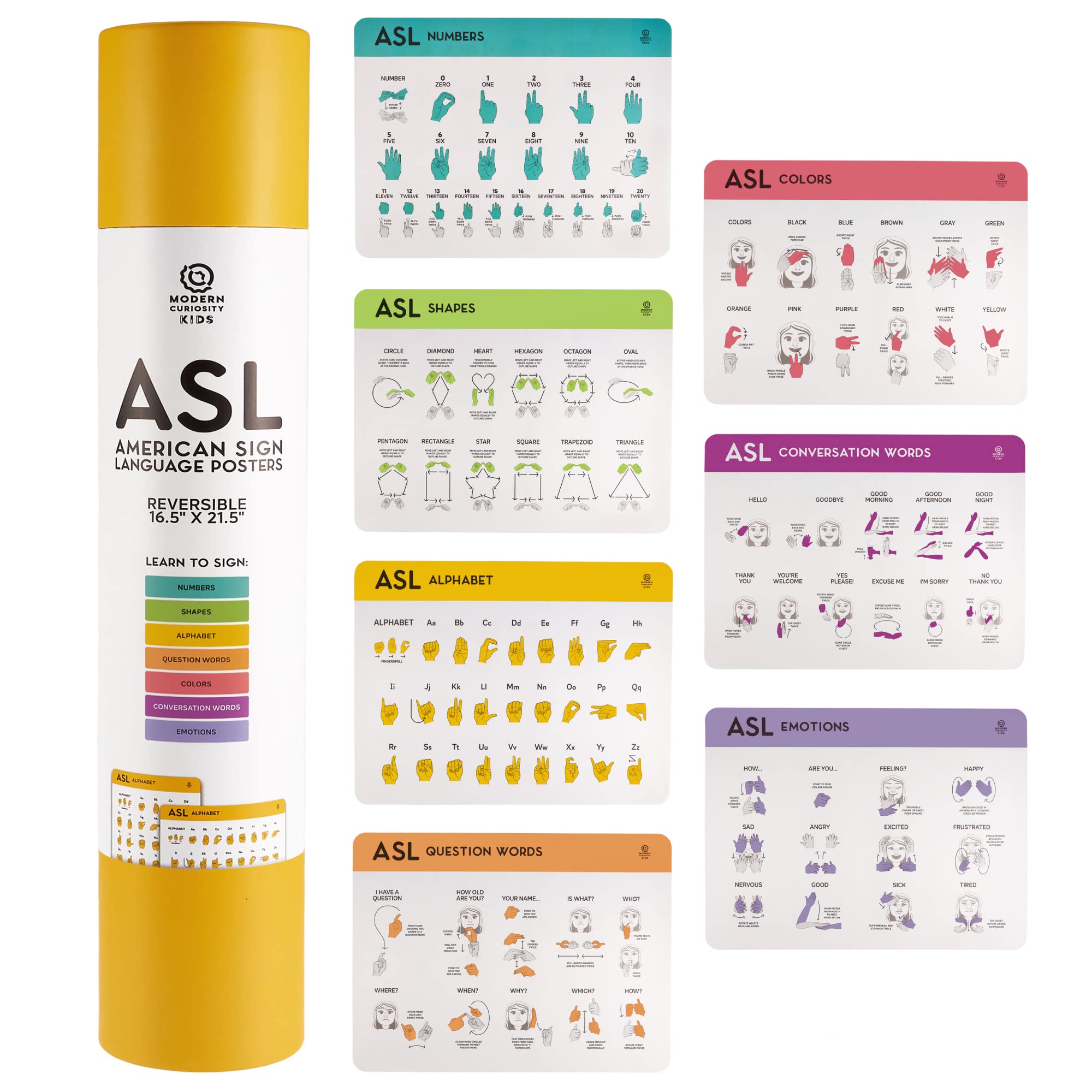 7-Pack Asl American Sign Language Classroom Posters - Reversible 21.5' X 16.5' Laminated Alphabet, Numbers, Shapes, Colors, Ba