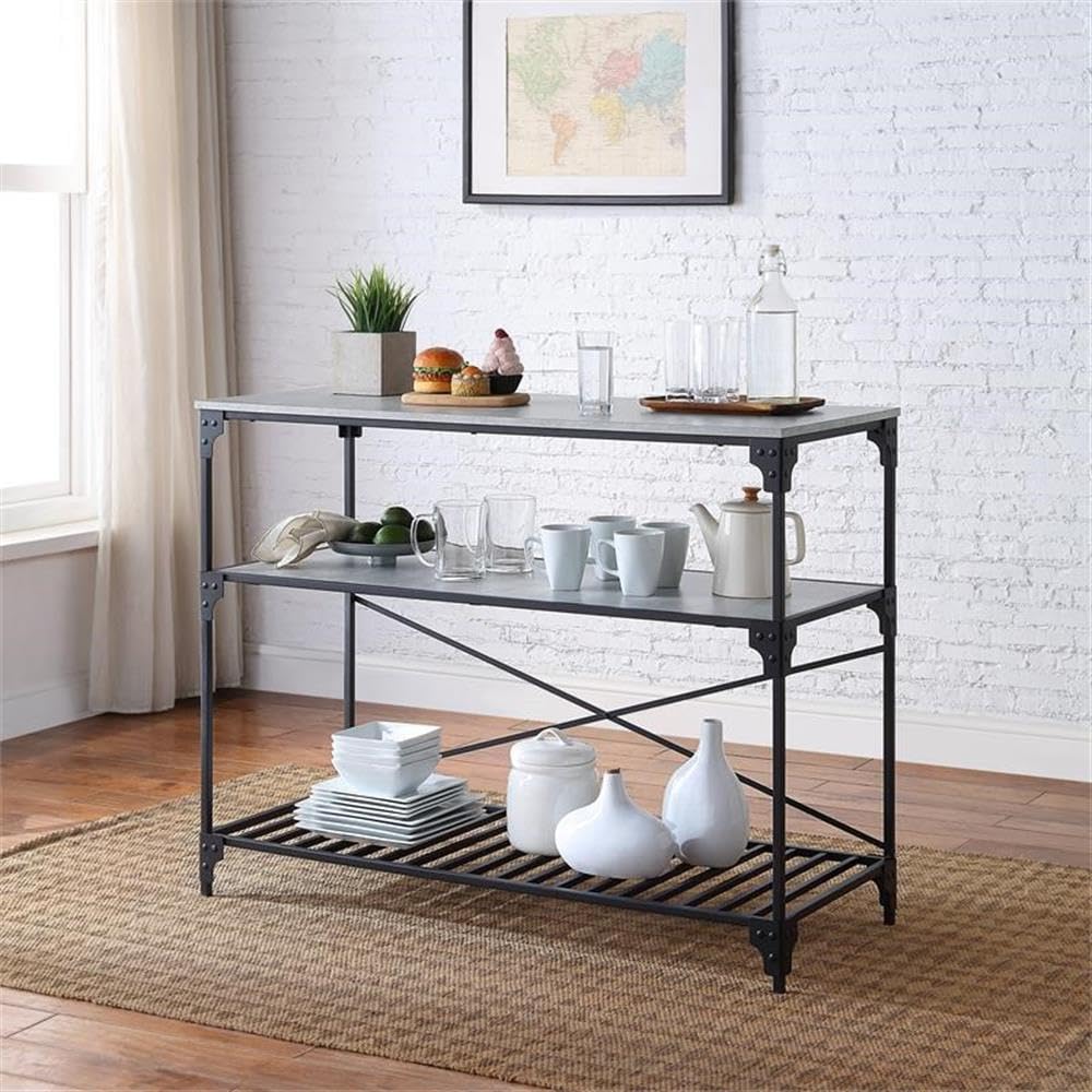 Acme Jakob 3 Tier Shelves Kitchen Island with Metal Frame in Black and Concrete