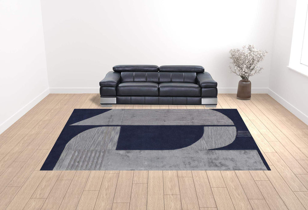 HomeRoots 514592 8 x 10 ft. Blue & Silver Wool Geometric Hand Tufted Handmade Rectangle Area Rug