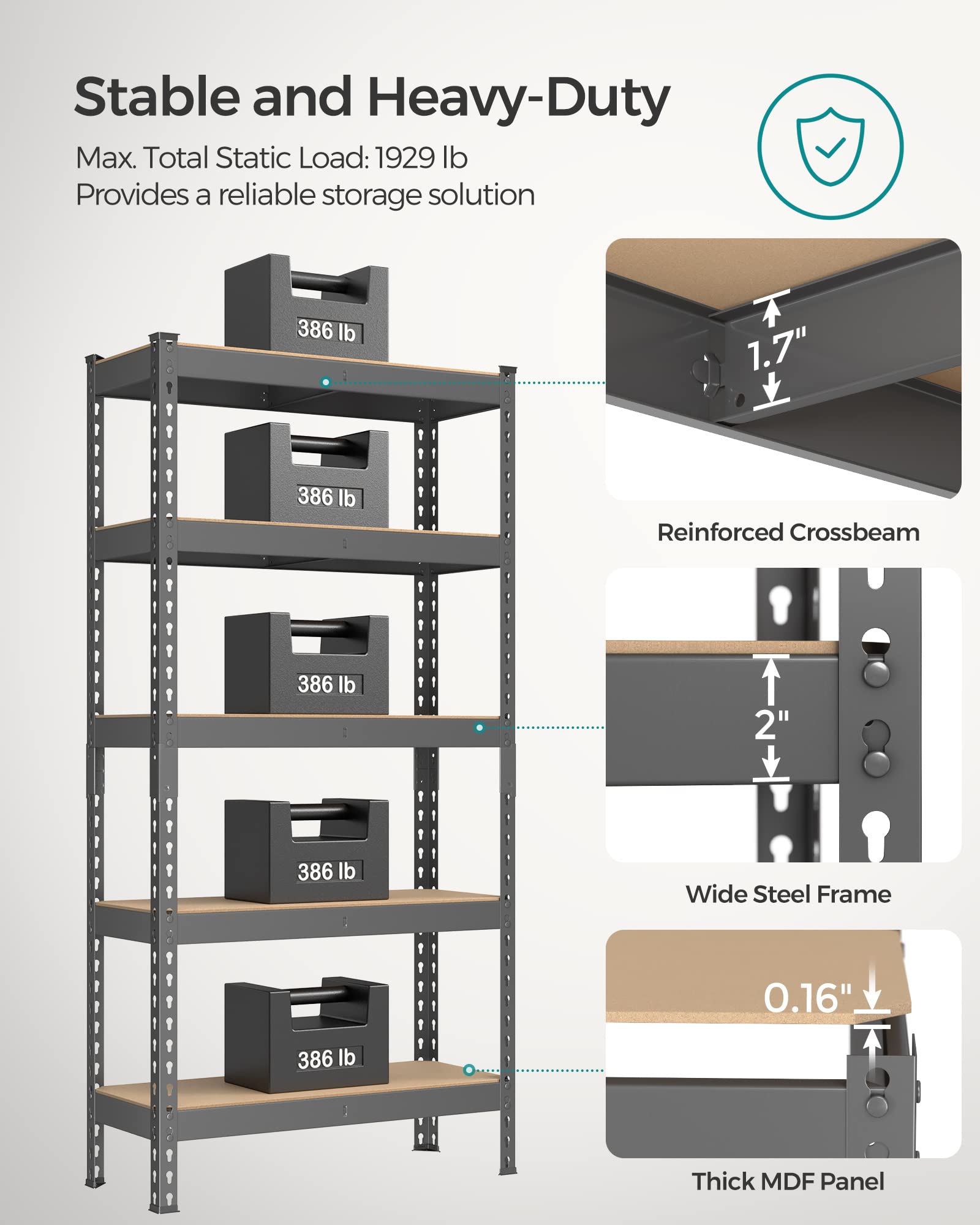 Songmics 5-Tier Storage Shelves, Set Of 2 Garage Storage, Boltless Assembly, Adjustable Shelving Units, 11.8 X 29.5 X 59.1 Inches, Load 1929 Lb Each, Shed Warehouse Basement, Gray Uglr300G02