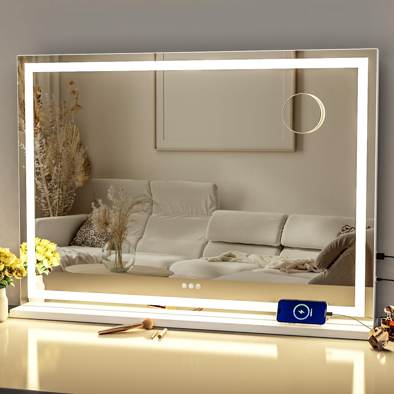 Gvnkvn Makeup Vanity Mirror with Lights 32' x 24' Large LED Makeup Mirror, Light up Mirror with 10X Magnification and USB Char