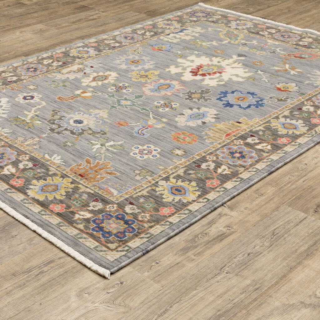 HomeRoots 509350 8 x 11 ft. Blue Gray Gold Green Pink Orange Ivory & Red Oriental Power Loom Stain Resistant Rectangle Area Rug with Fringe