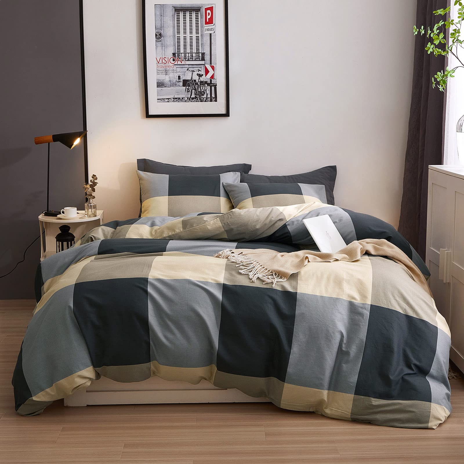 VM VOUGEMARKET Plaid Duvet Cover King,Black Gray Checkered Bedding Set with Zipper Ties,Simple Luxury Boys Men Comforter Cover S