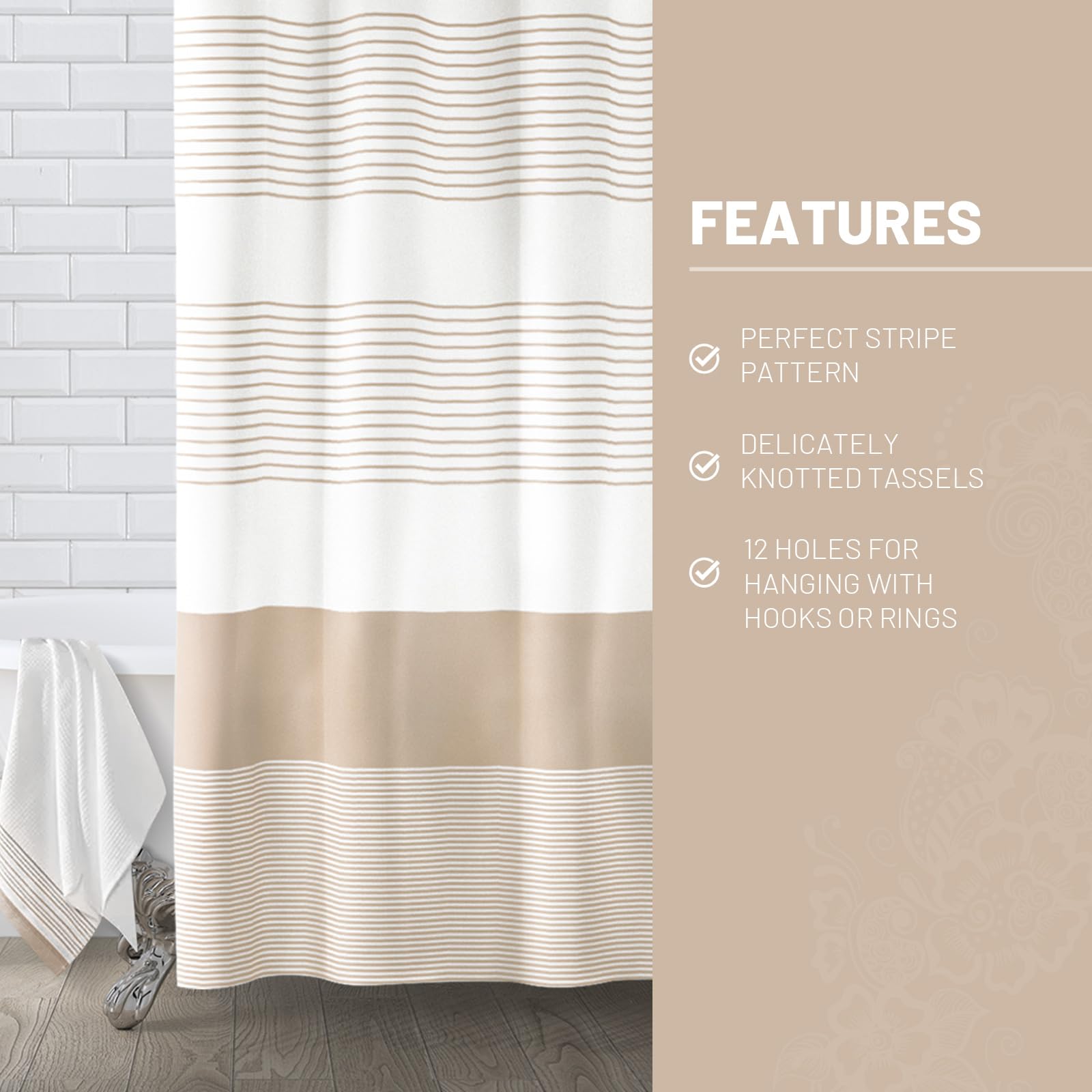 Awellife Boho Shower Curtain For Bathroom Stripe Shower Curtain 72 X 72 Inches Farmhouse Linen (Beige)
