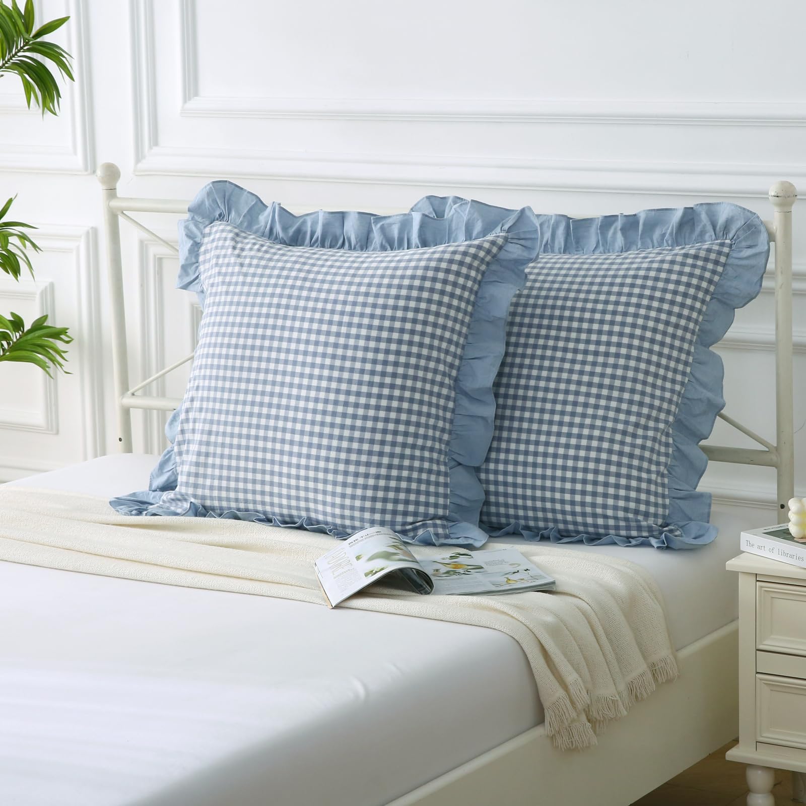 Mywinlle Dusty Blue Plaid Ruffle Throw Pillow Covers For Couch 20''X20'',2 Pack Vintage Checkered Washed Cotton Pillow Cases For
