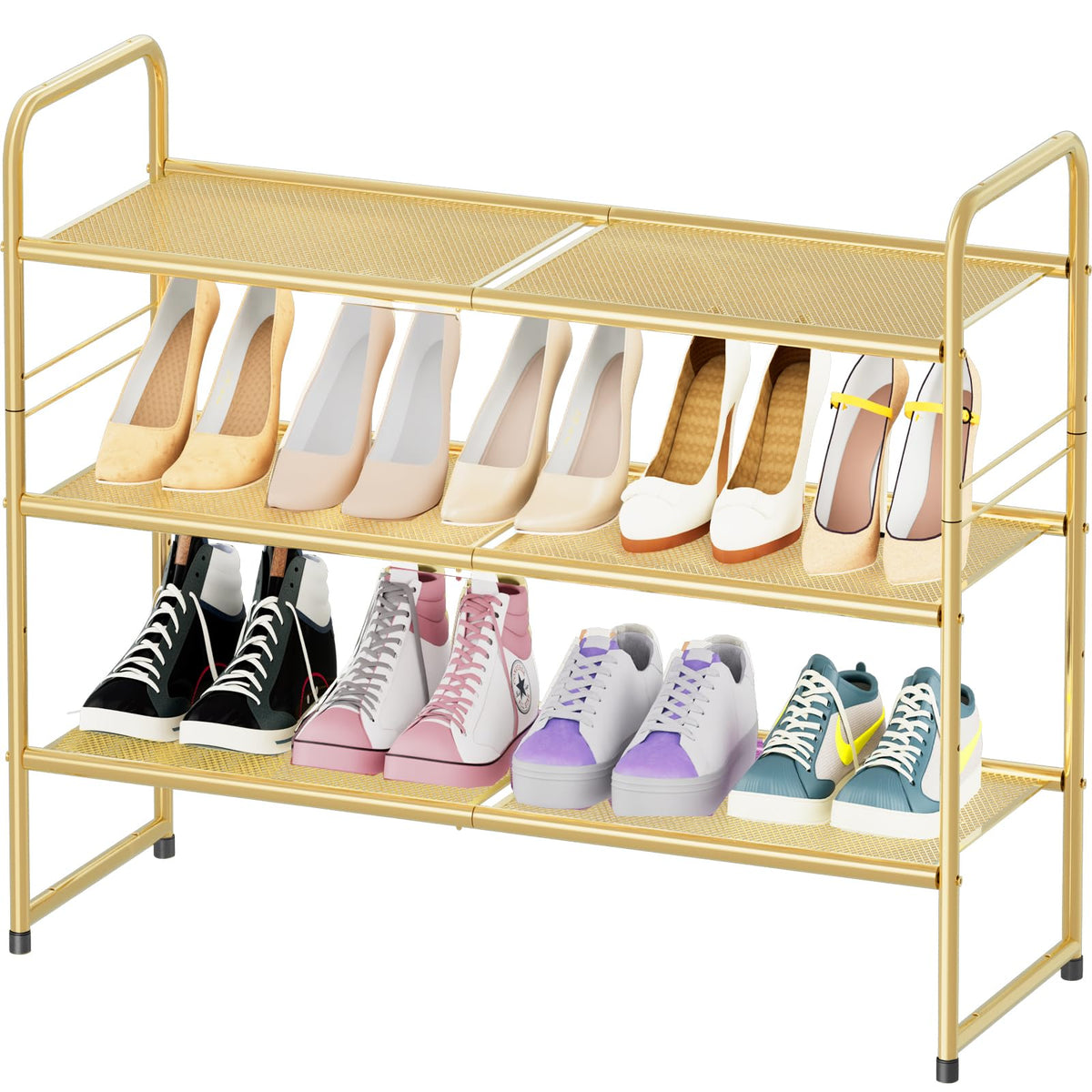SUFAUY 3 Tier Mesh Shoes Rack for Closet, Stackable All Metal 32'' w Tall Shoe Shelf, Gold