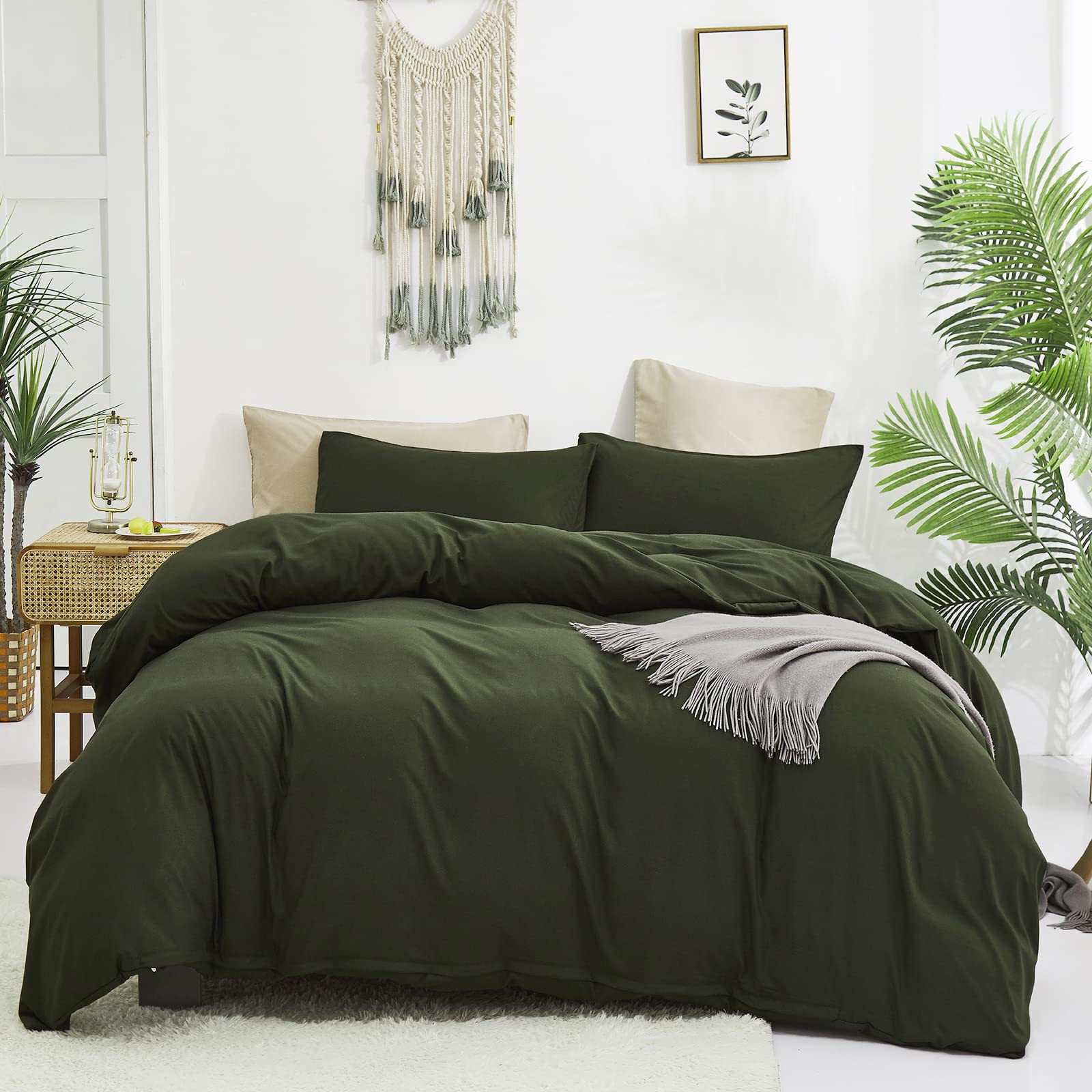 Cottonight Army Green Comforter Set Full Dark Green Bedding Comforter Set Plain Olive Green Blanket Quilts Modern Soft Breathabl
