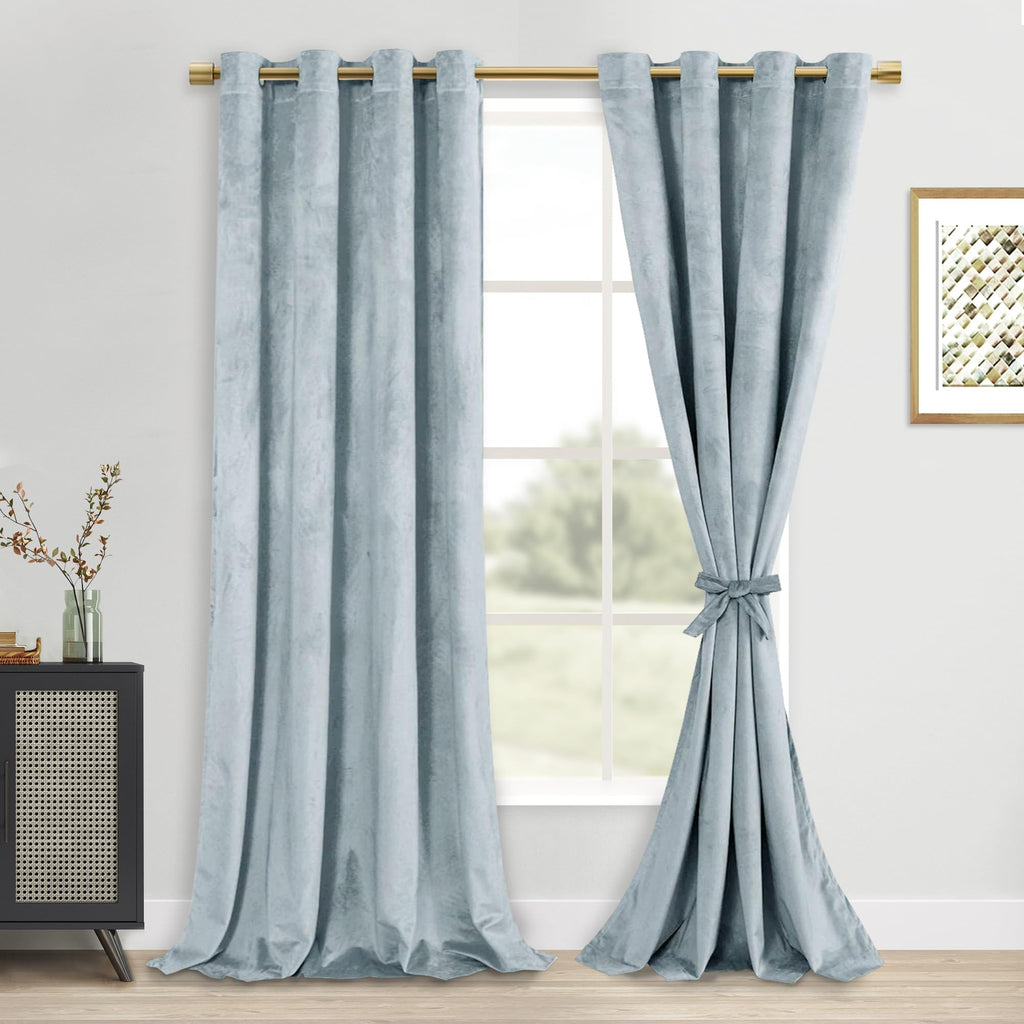 DWCN Stone Blue Velvet Curtains - 84 Inches Long Super Soft Luxury Tieable Window Treatments Room Darkening Privacy Protect Blac
