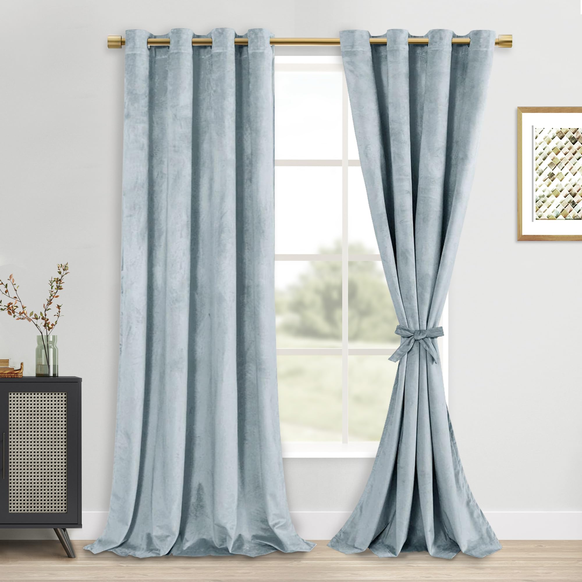DWCN Stone Blue Velvet Curtains - 84 Inches Long Super Soft Luxury Tieable Window Treatments Room Darkening Privacy Protect Blac