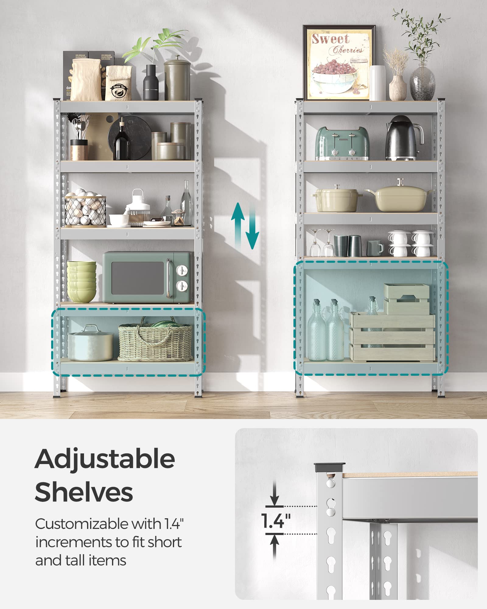 Songmics 5-Tier Storage Shelves, Set Of 2 Garage Storage, Boltless Assembly, Adjustable Shelving Units, 11.8 X 29.5 X 59.1 Inches, Load 1929 Lb Each, Shed Warehouse Basement, Silver Uglr300E02