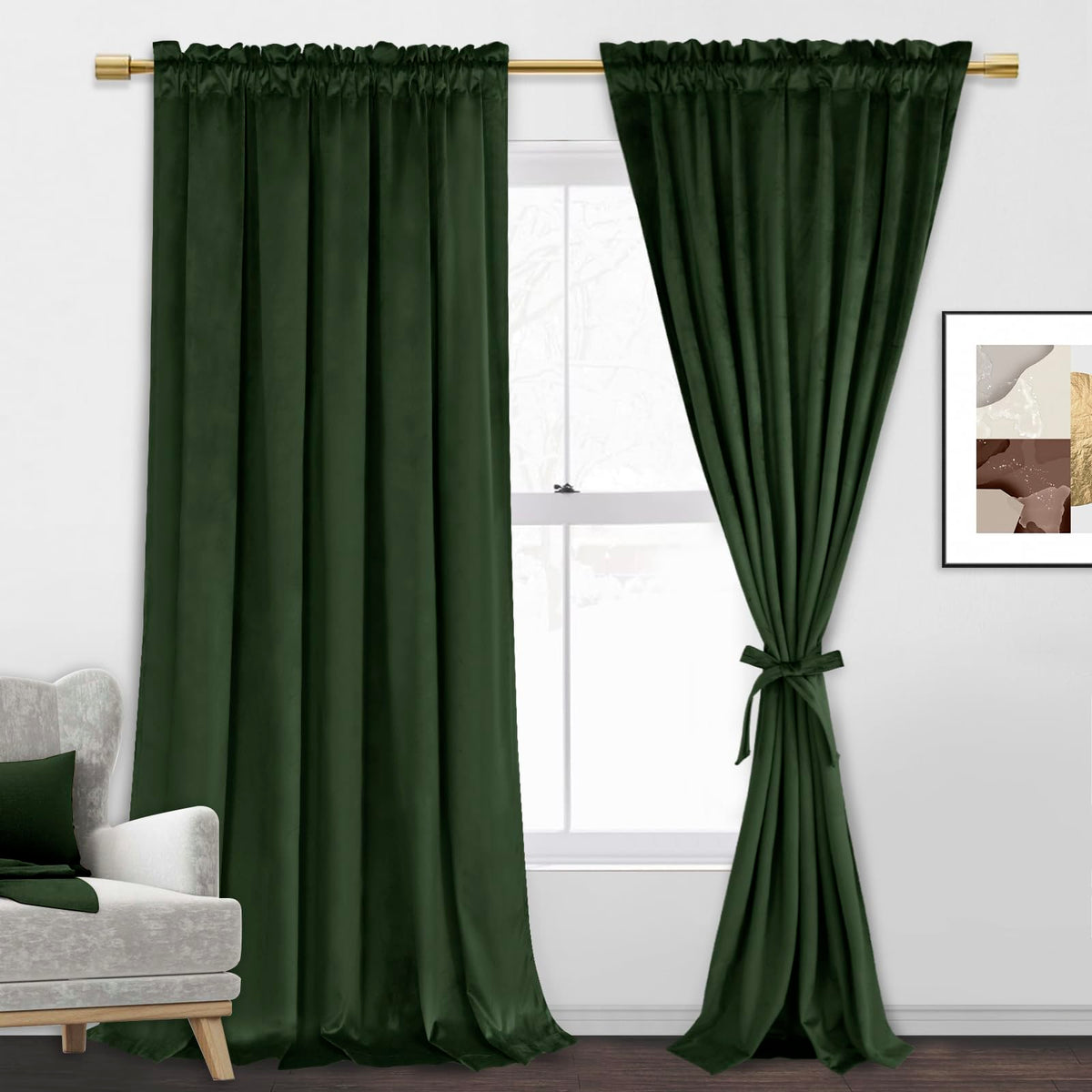 Jiuzhen Oliver Green Velvet Curtains 90 Inches For Living Room - Privacy Protect Room Darkening Rod Pocket Thick Velvet Window D