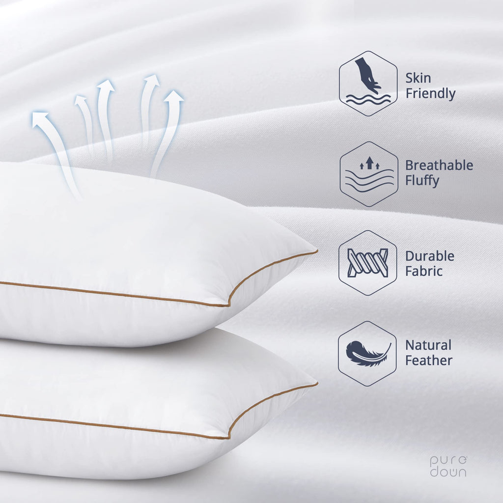 Puredown® Goose Feathers And Polyester Pillows, Premium Medium To Firm Bed Pillows For Sleeping, Luxury Pillows With Downproof Cover, 2 Pack, King Size, 20X36 Inches