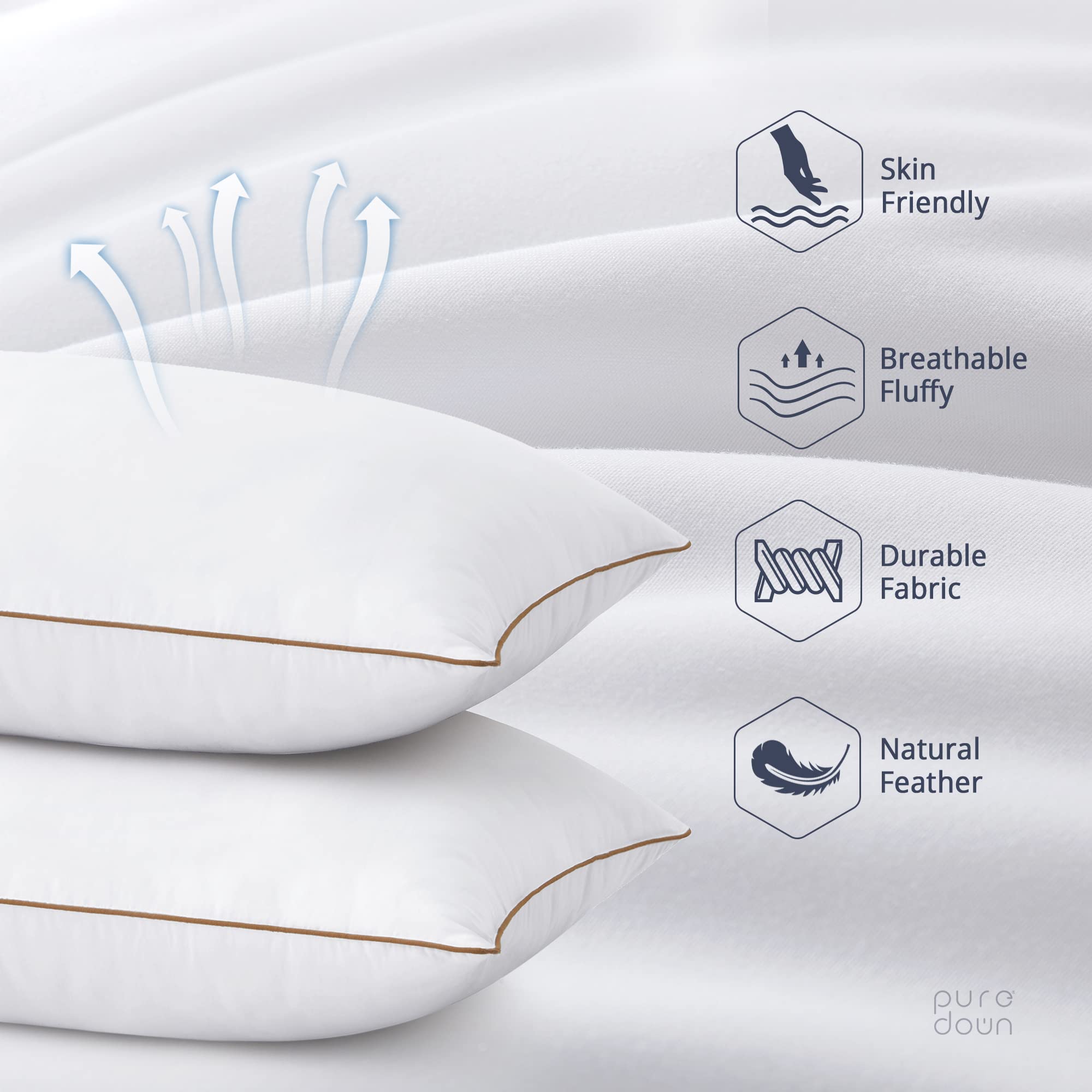 Puredown® Goose Feathers And Down Alternative Pillows, Premium Medium To Firm Bed Pillows For Sleeping, Luxury Pillows With Downproof Cover, 2 Pack, Standard Size, 20X26 Inches