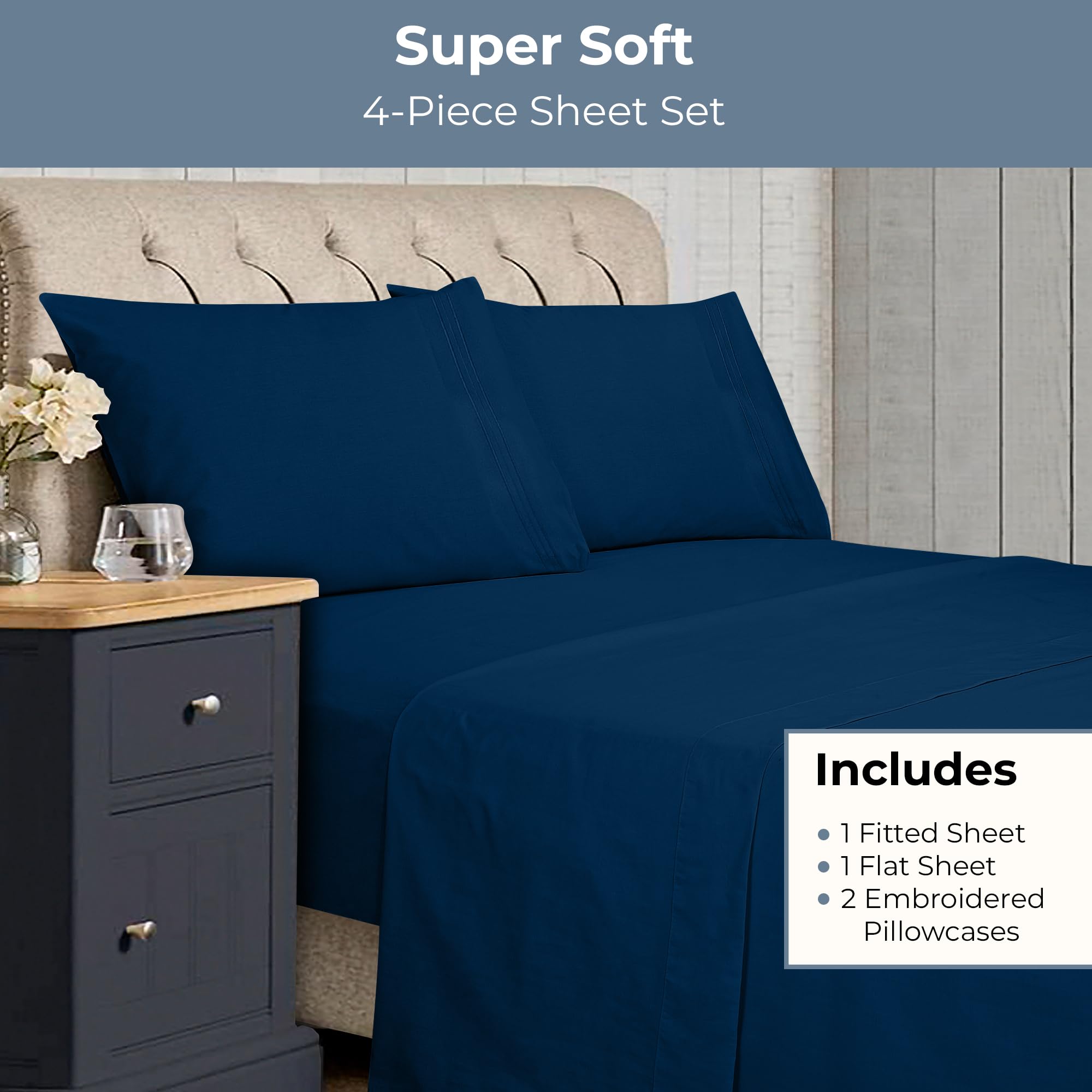 Royale Linens - 4 Piece California King Bed Sheet - Brushed Microfiber 1800 Bedding - 1 Fitted Sheet, 1 Flat Sheet, 2 Pillow Cas
