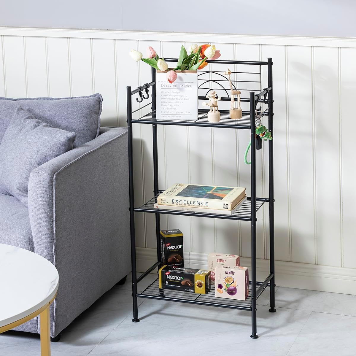 OGFC 28509 3Tier Free Standing Wire Rack Durable Metal Shelving Storage Unit with Adjustable Feet 4Hook for Bathroom Laundry K